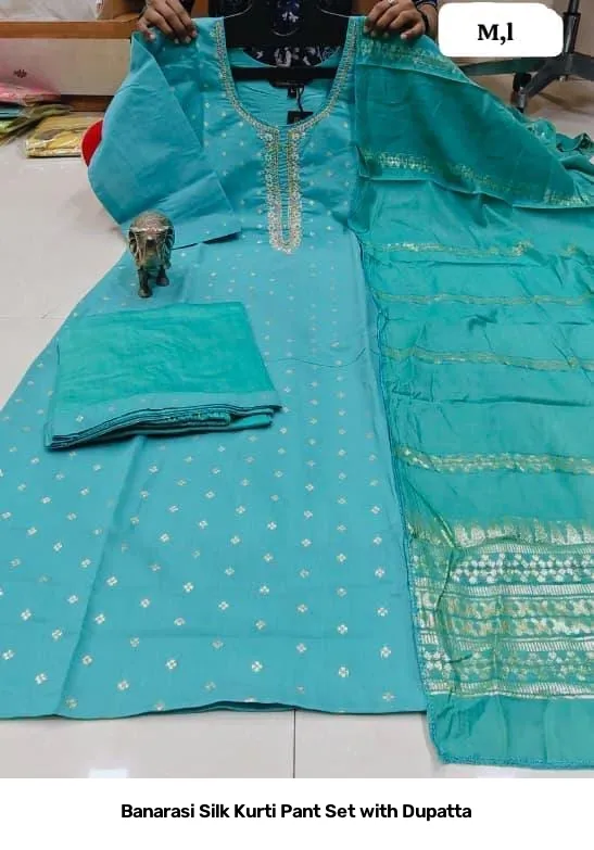 Banarasi Silk Kurti Pant Set with Dupatta 9
