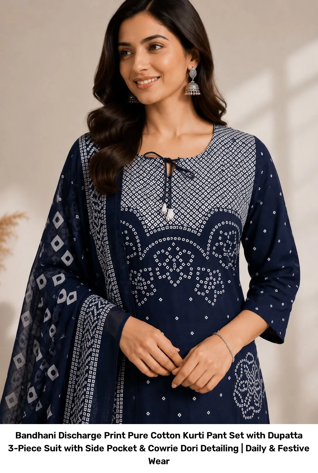 Bandhani Discharge Print Pure Cotton Kurti Pant Set with Dupatta – 3-Piece Suit with Side Pocket & Cowrie Dori Detailing | Daily & Festive Wear 2
