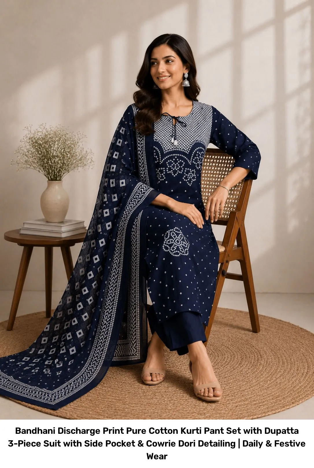 Bandhani Discharge Print Pure Cotton Kurti Pant Set with Dupatta – 3-Piece Suit with Side Pocket & Cowrie Dori Detailing | Daily & Festive Wear 3