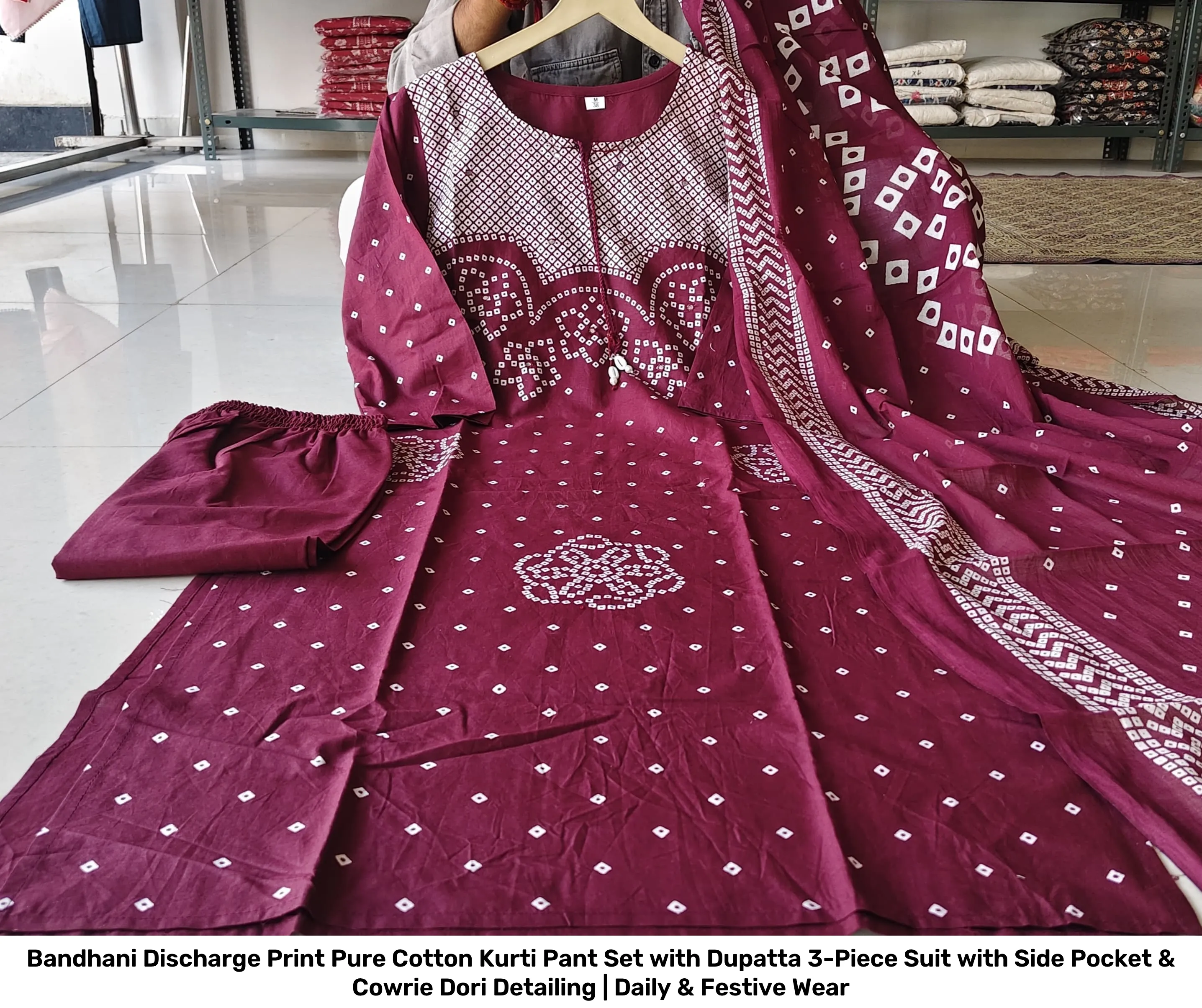 Bandhani Discharge Print Pure Cotton Kurti Pant Set with Dupatta – 3-Piece Suit with Side Pocket & Cowrie Dori Detailing | Daily & Festive Wear 4