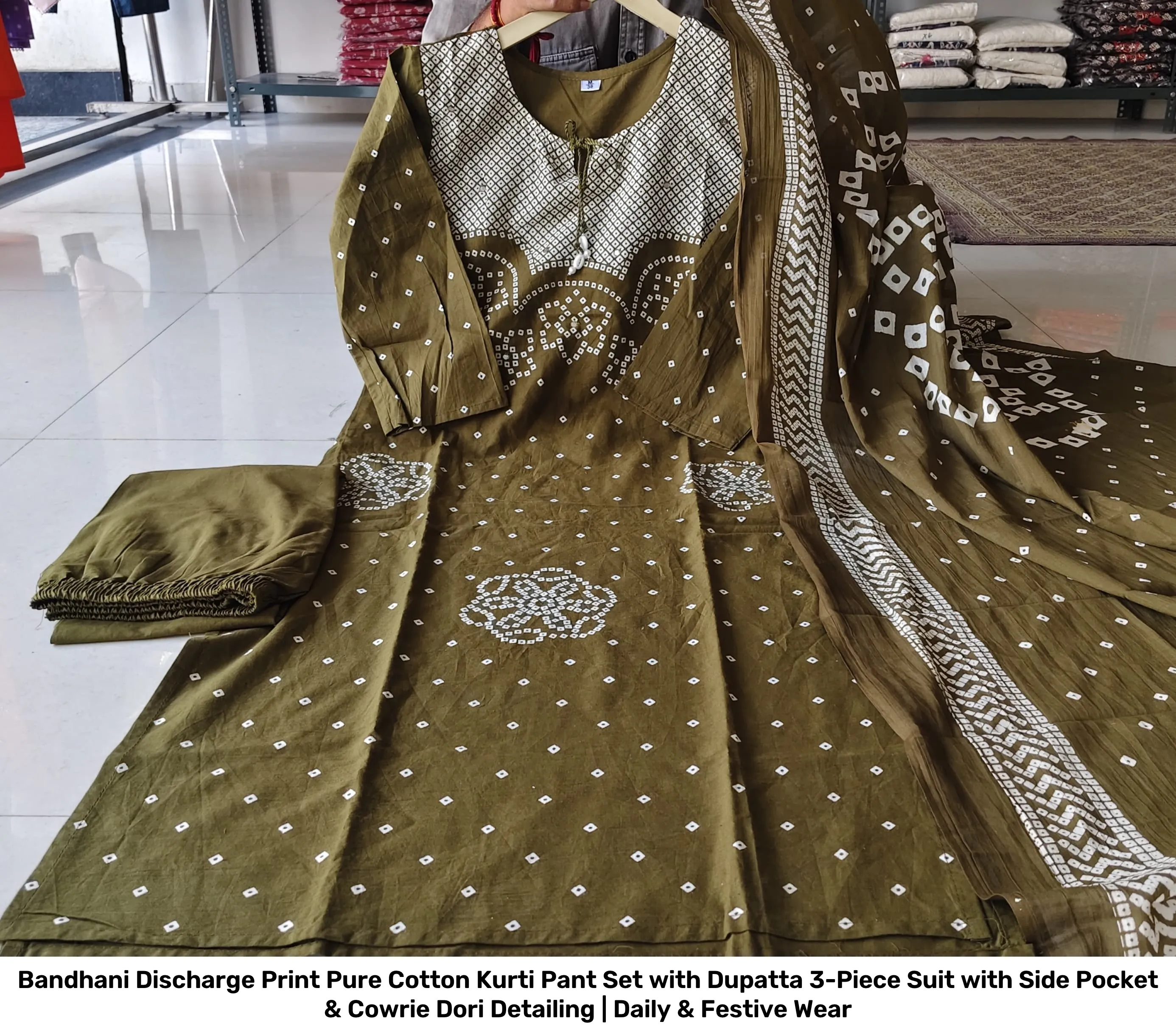 Bandhani Discharge Print Pure Cotton Kurti Pant Set with Dupatta – 3-Piece Suit with Side Pocket & Cowrie Dori Detailing | Daily & Festive Wear 5