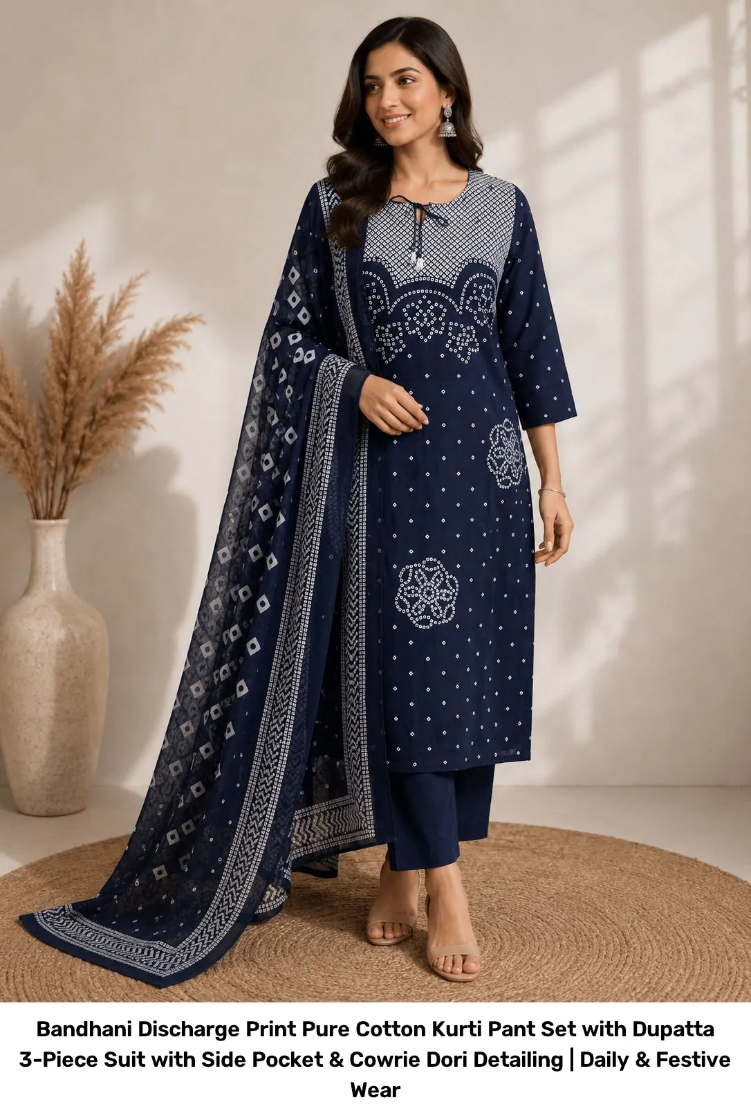 Bandhani Discharge Print Pure Cotton Kurti Pant Set with Dupatta – 3-Piece Suit with Side Pocket & Cowrie Dori Detailing | Daily & Festive Wear 6