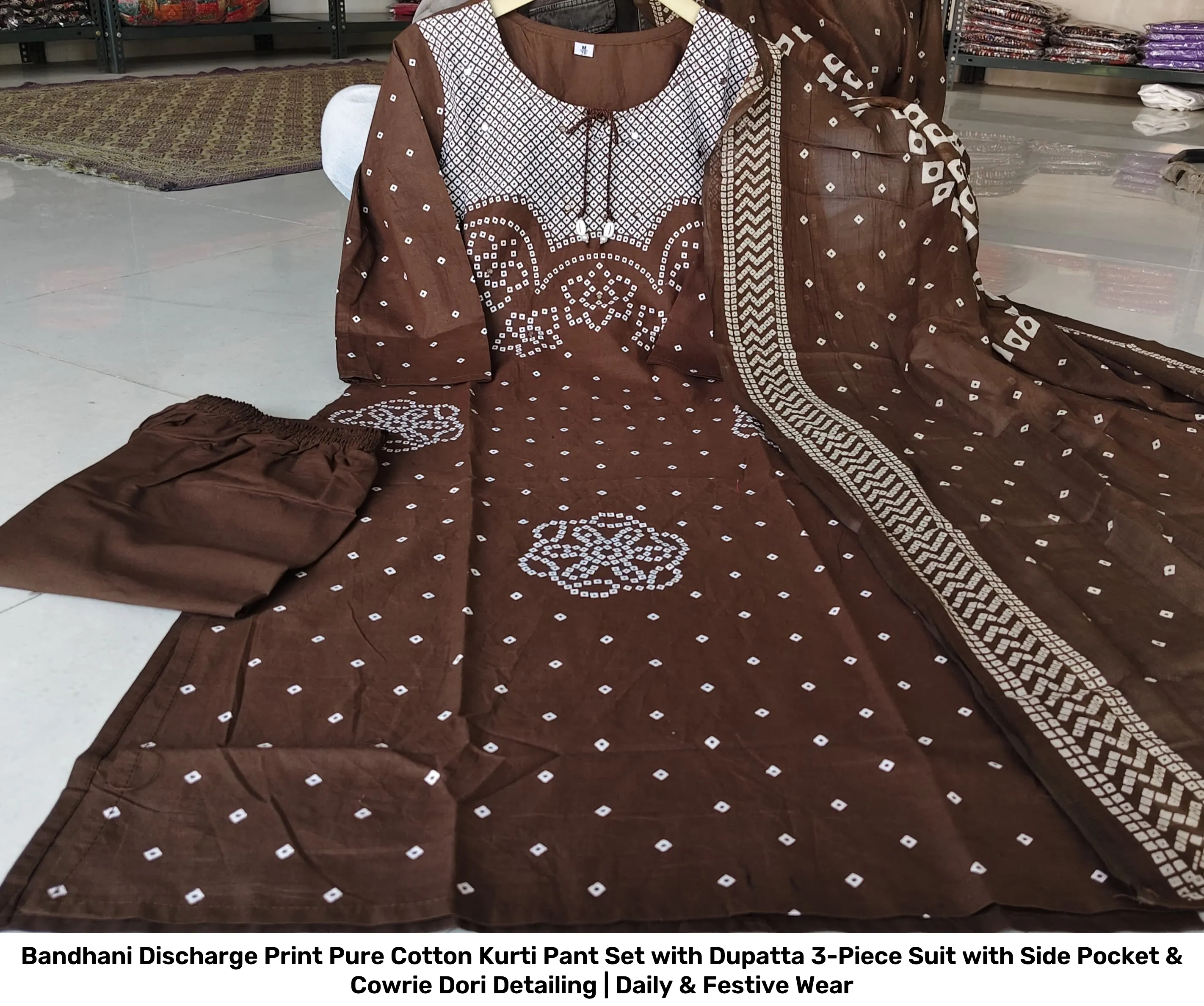 Bandhani Discharge Print Pure Cotton Kurti Pant Set with Dupatta – 3-Piece Suit with Side Pocket & Cowrie Dori Detailing | Daily & Festive Wear 7