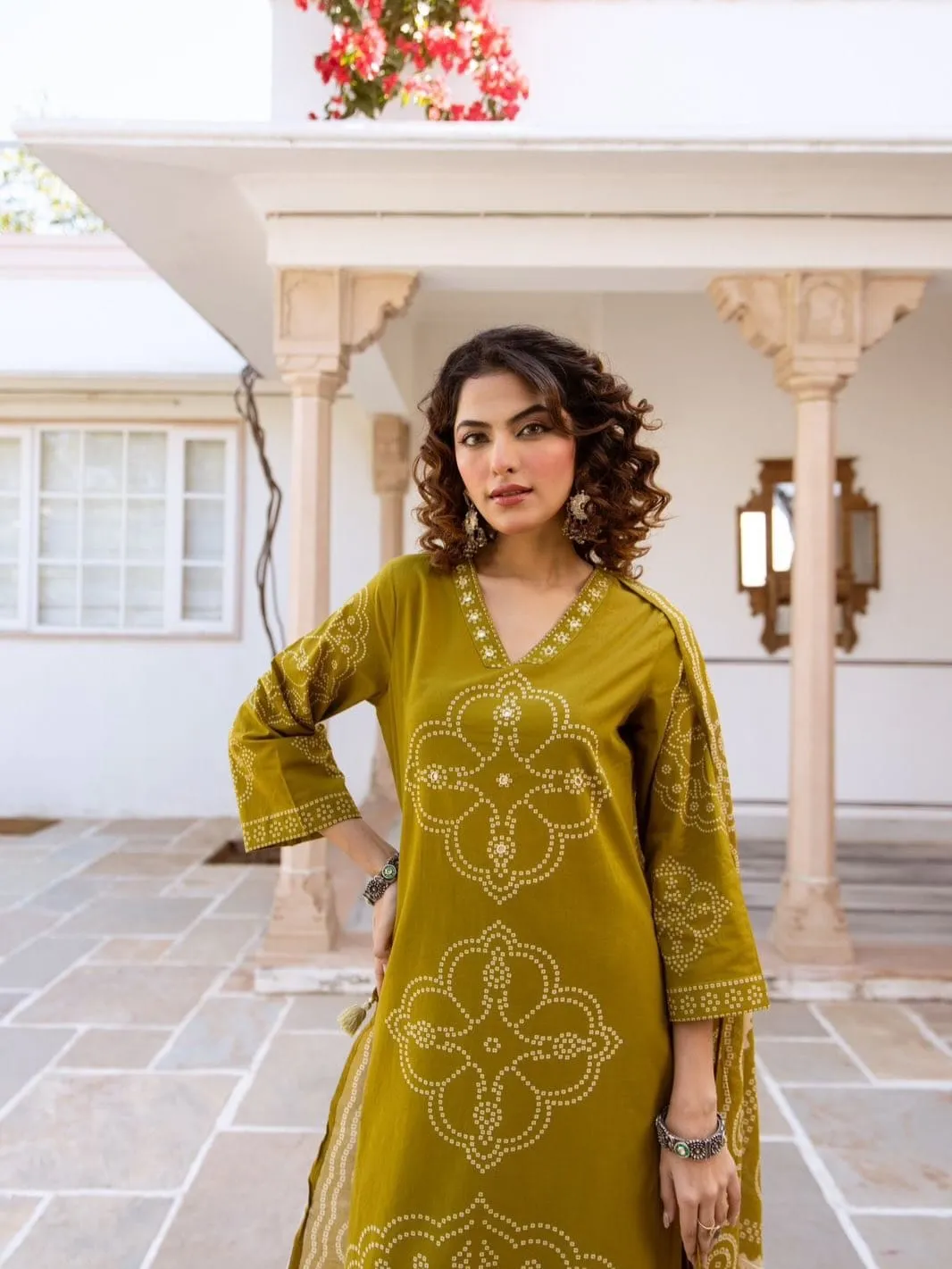 Bandhani Print Heavy Cotton Kurti Pant Set with Dupatta