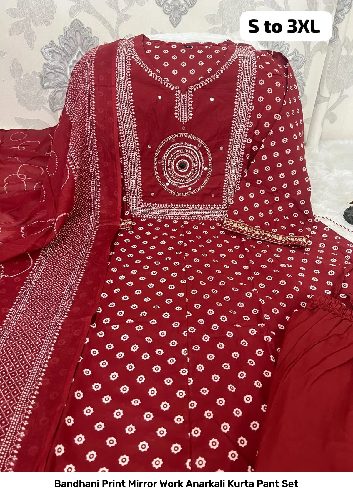 Bandhani Print Mirror Work Anarkali Kurta Pant Set 2