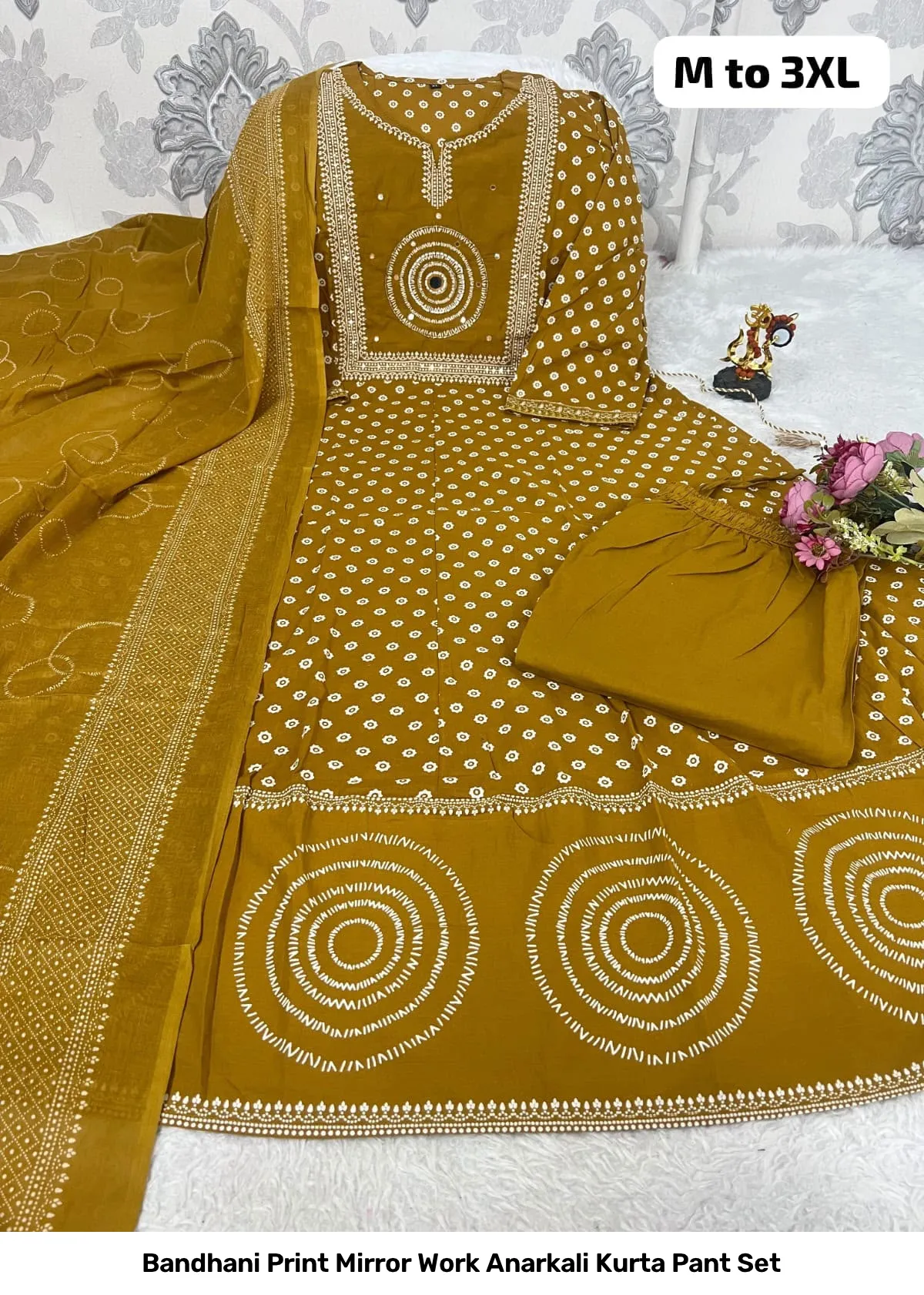 Bandhani Print Mirror Work Anarkali Kurta Pant Set 3