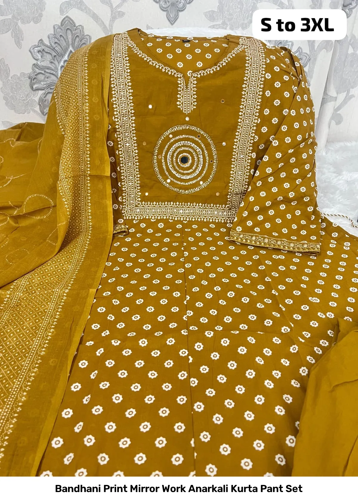 Bandhani Print Mirror Work Anarkali Kurta Pant Set 5