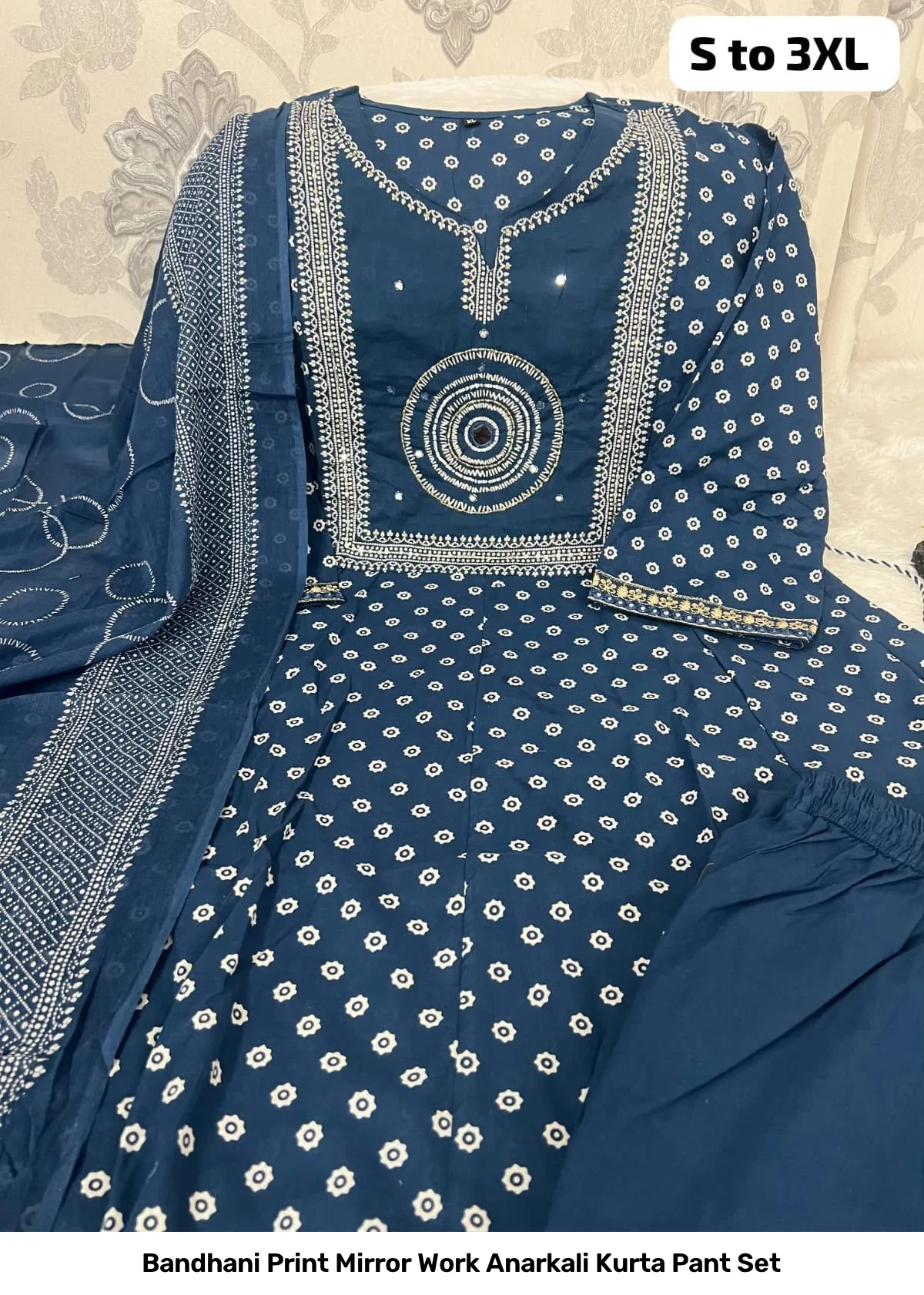 Bandhani Print Mirror Work Anarkali Kurta Pant Set 6