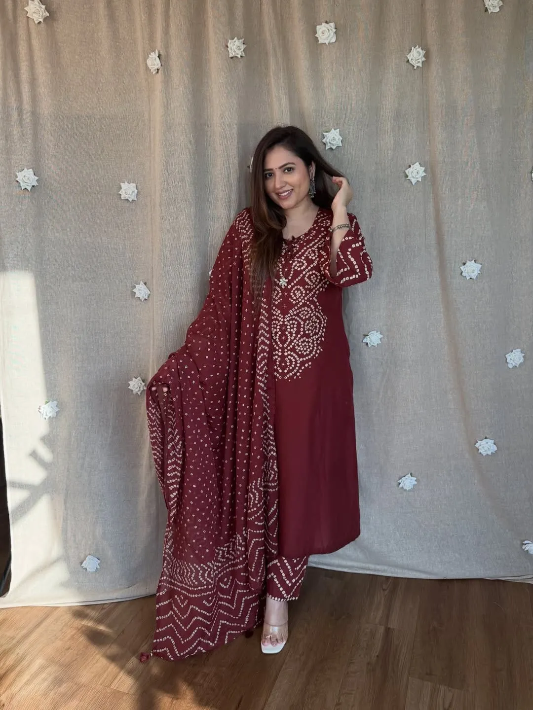 Bandhani Print Pure Cotton 6060 A-Line Kurta Set with Pockets | Heavy Handwork Yoke Kurti Pant Dupatta 3-Piece Suit