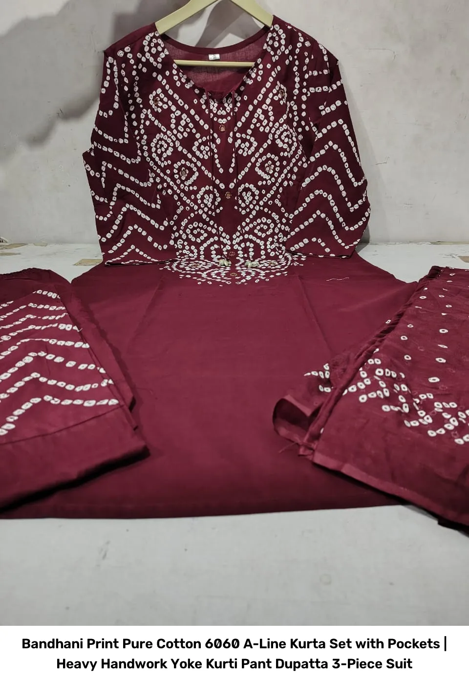Bandhani Print Pure Cotton 6060 A-Line Kurta Set with Pockets | Heavy Handwork Yoke Kurti Pant Dupatta 3-Piece Suit 2