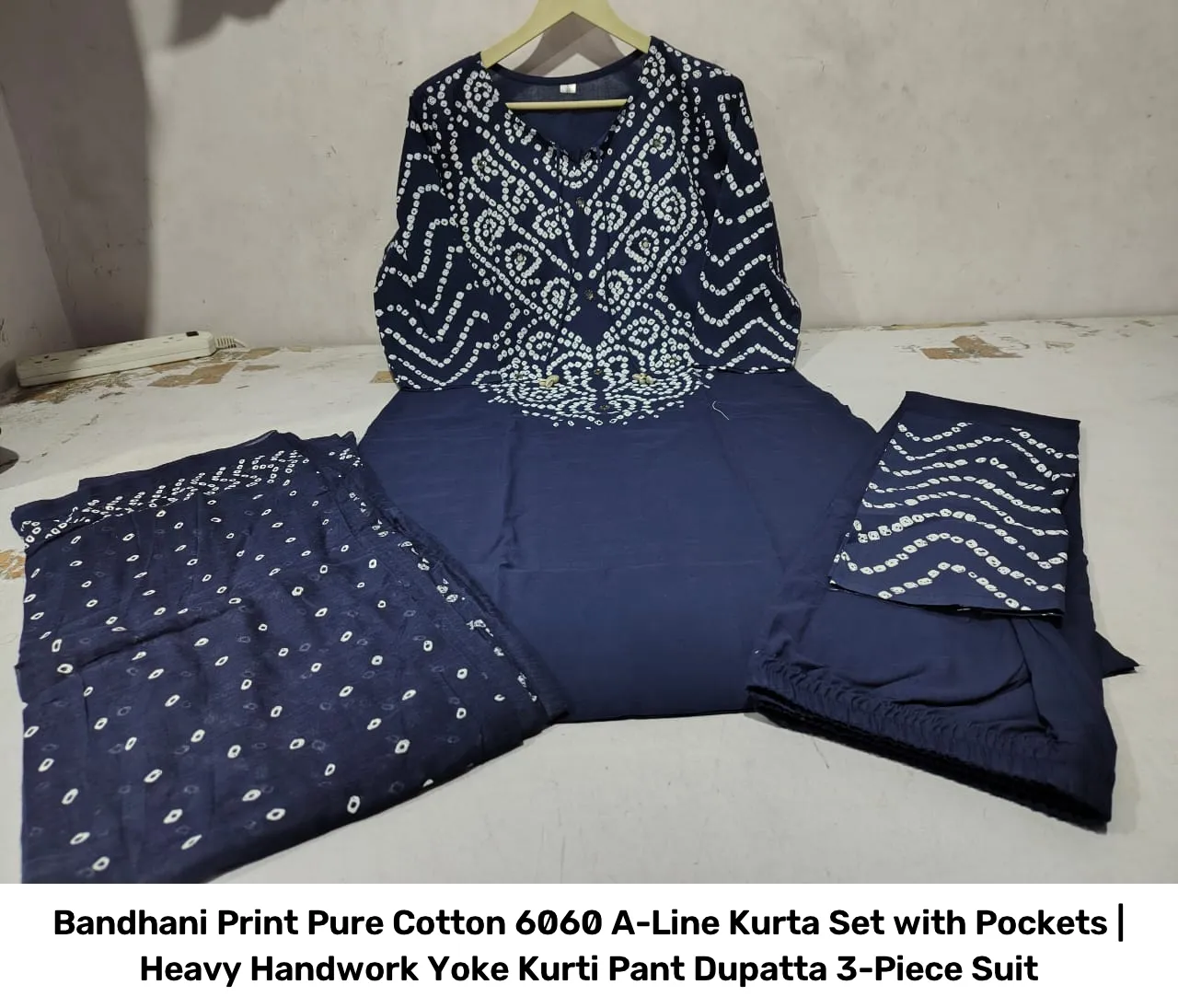 Bandhani Print Pure Cotton 6060 A-Line Kurta Set with Pockets | Heavy Handwork Yoke Kurti Pant Dupatta 3-Piece Suit 3
