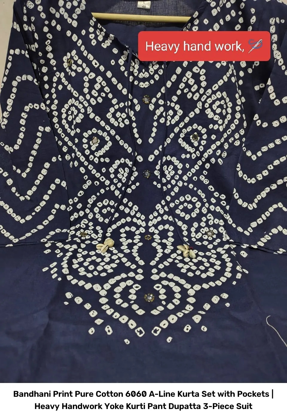 Bandhani Print Pure Cotton 6060 A-Line Kurta Set with Pockets | Heavy Handwork Yoke Kurti Pant Dupatta 3-Piece Suit 4