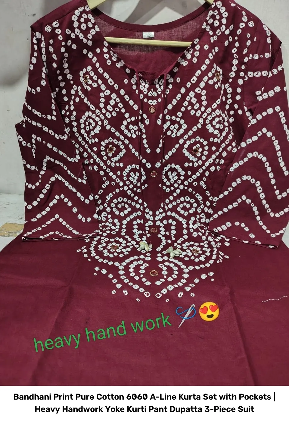 Bandhani Print Pure Cotton 6060 A-Line Kurta Set with Pockets | Heavy Handwork Yoke Kurti Pant Dupatta 3-Piece Suit 5