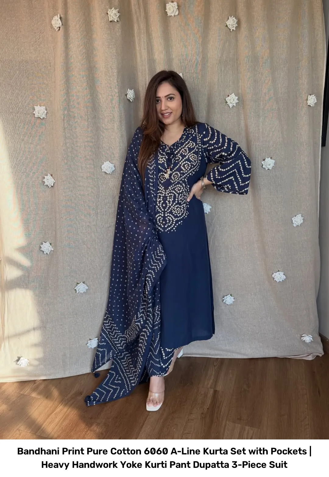 Bandhani Print Pure Cotton 6060 A-Line Kurta Set with Pockets | Heavy Handwork Yoke Kurti Pant Dupatta 3-Piece Suit 6