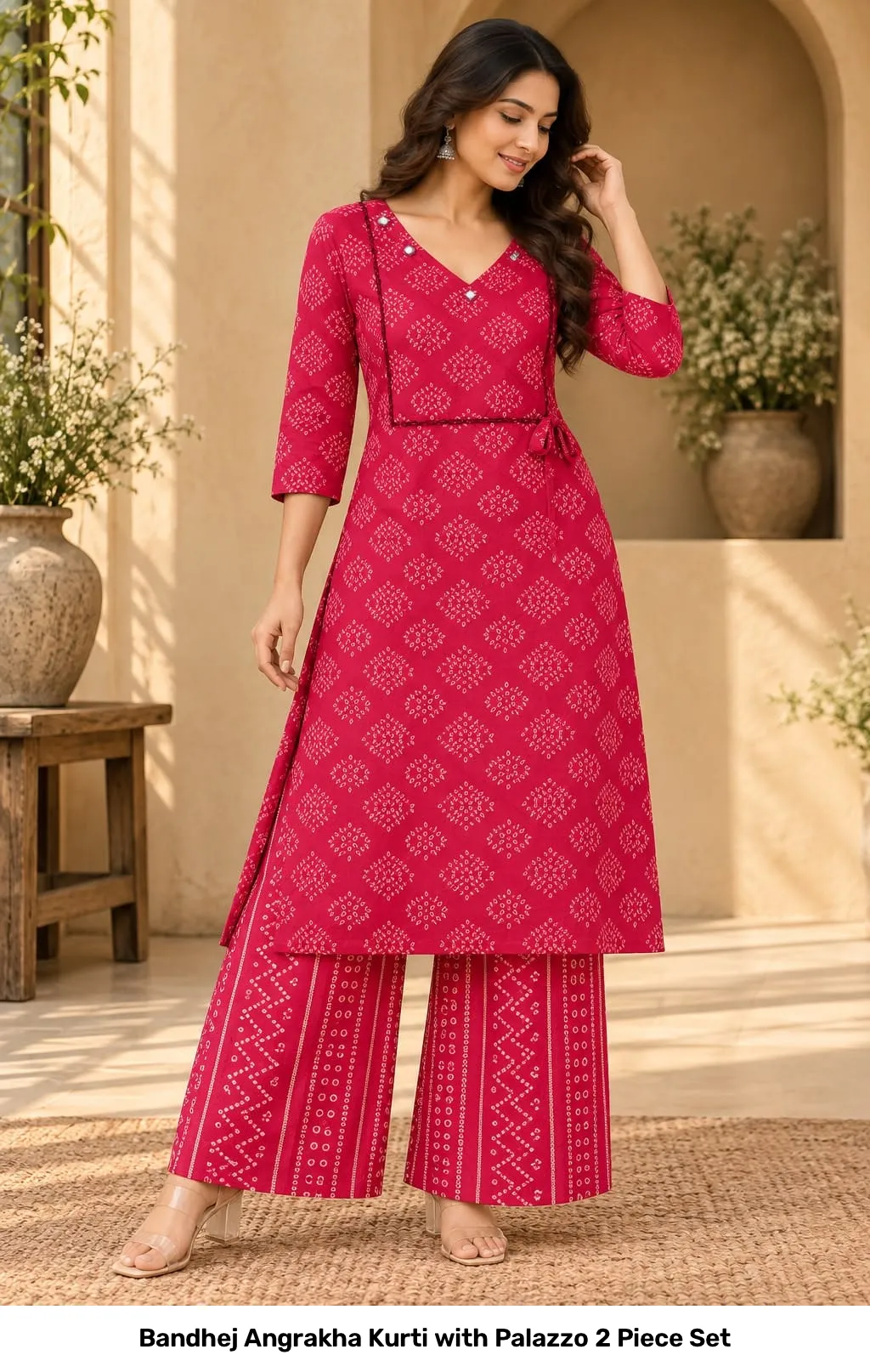 Bandhej Angrakha Kurti with Palazzo 2 Piece Set 8