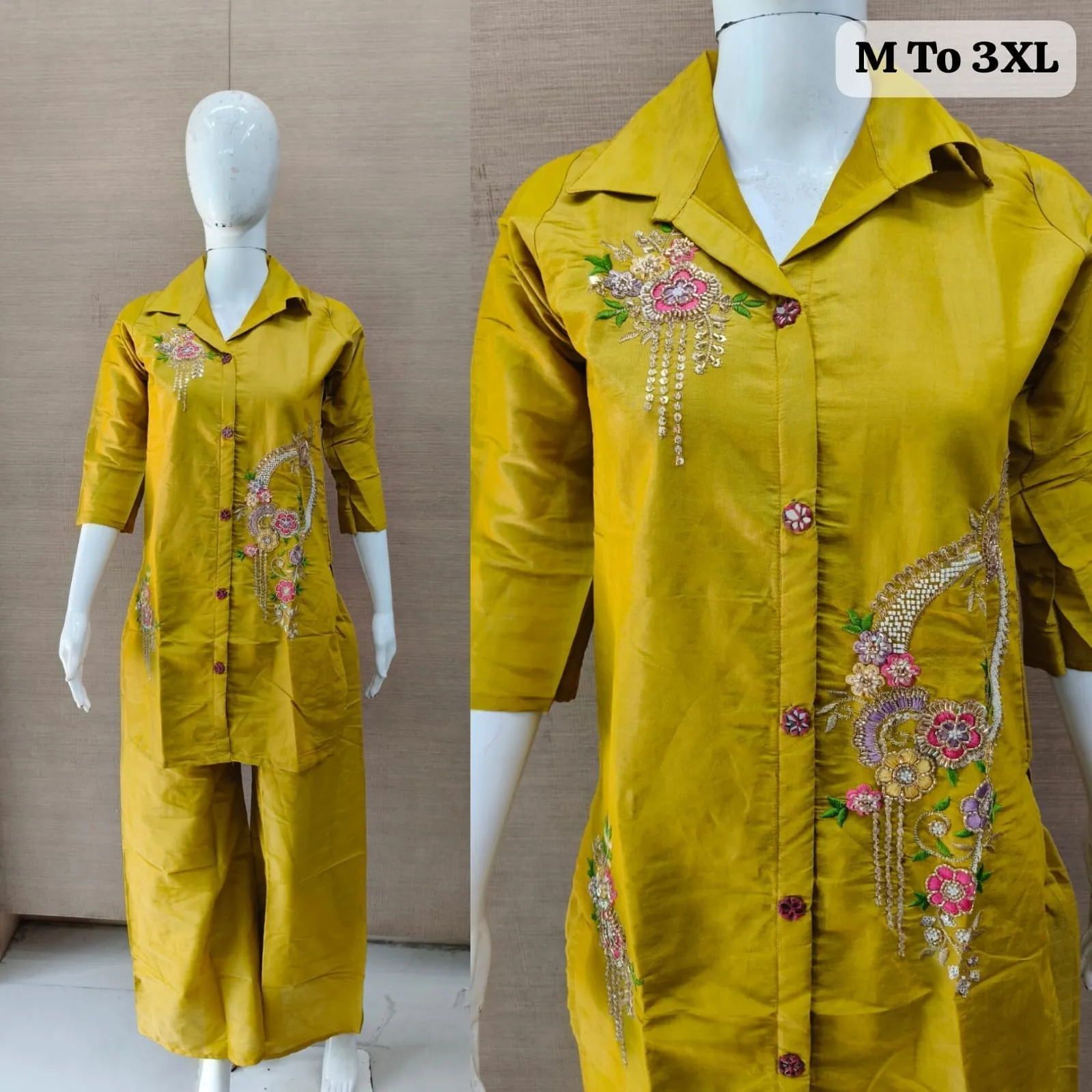 Bead Work Chanderi Shirt & Palazzo Co-ord Set