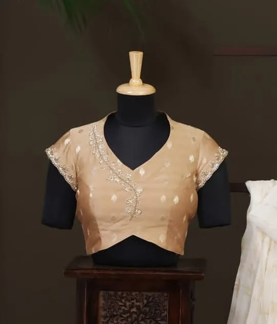 Beige Brocade Silk Blouse Pearl Cutwork Cap Sleeves