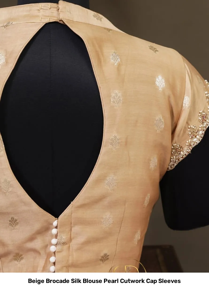 Beige Brocade Silk Blouse Pearl Cutwork Cap Sleeves 3