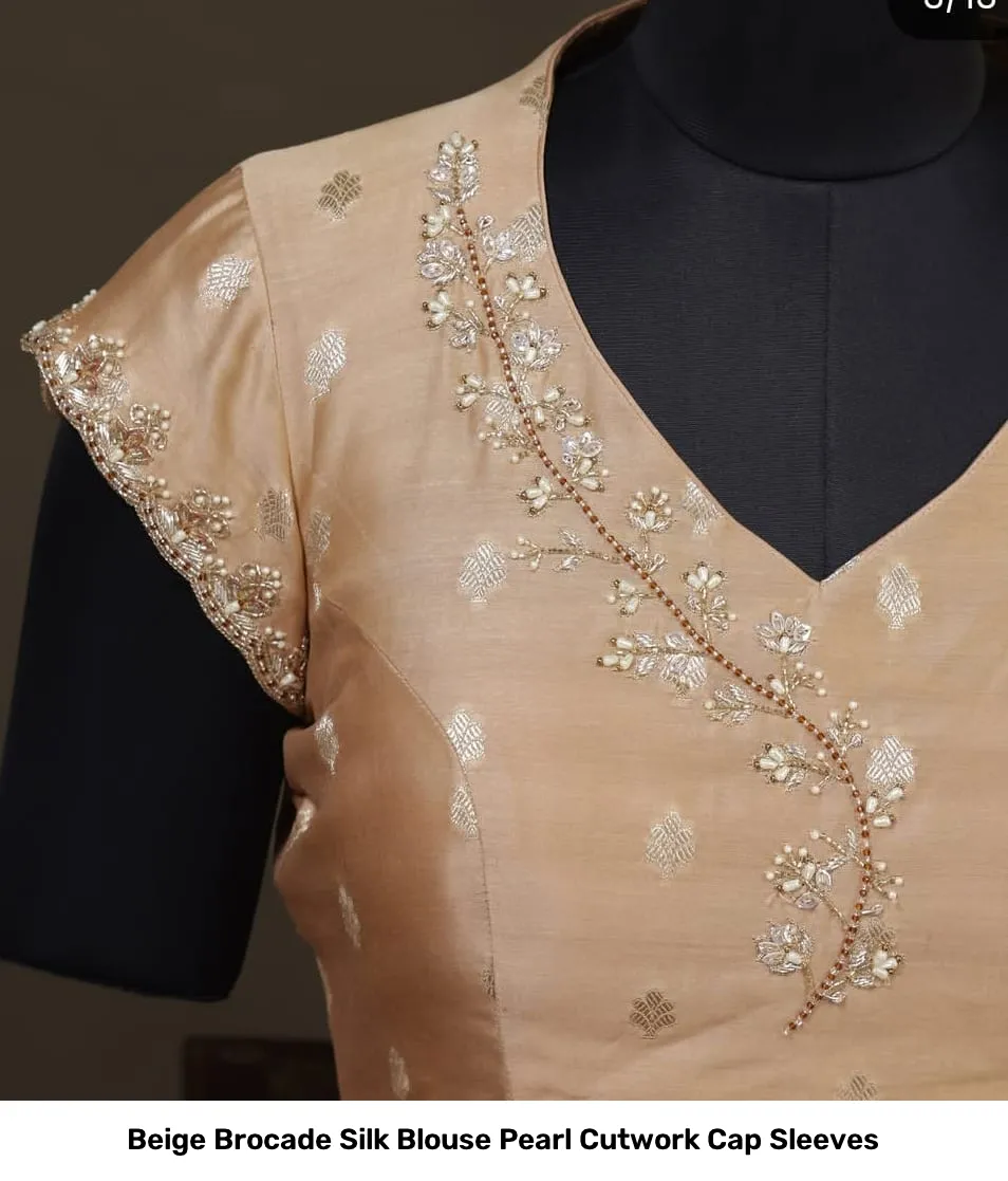 Beige Brocade Silk Blouse Pearl Cutwork Cap Sleeves 4