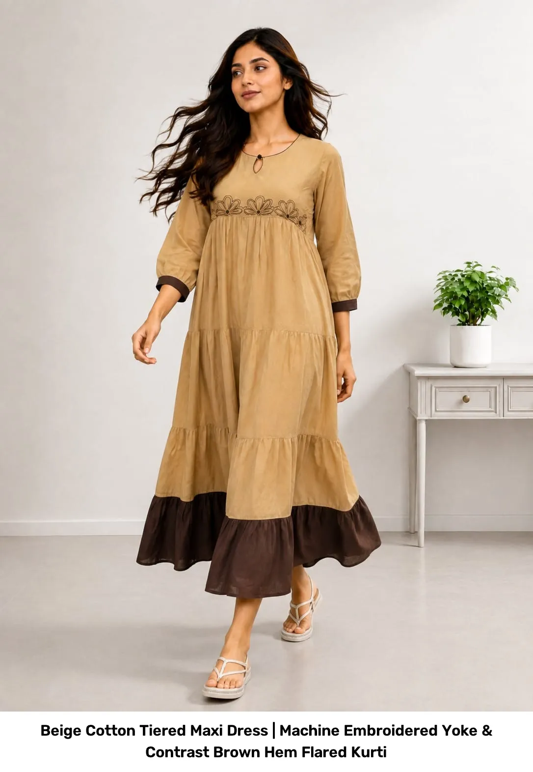 Beige Cotton Tiered Maxi Dress | Machine Embroidered Yoke & Contrast Brown Hem Flared Kurti 10