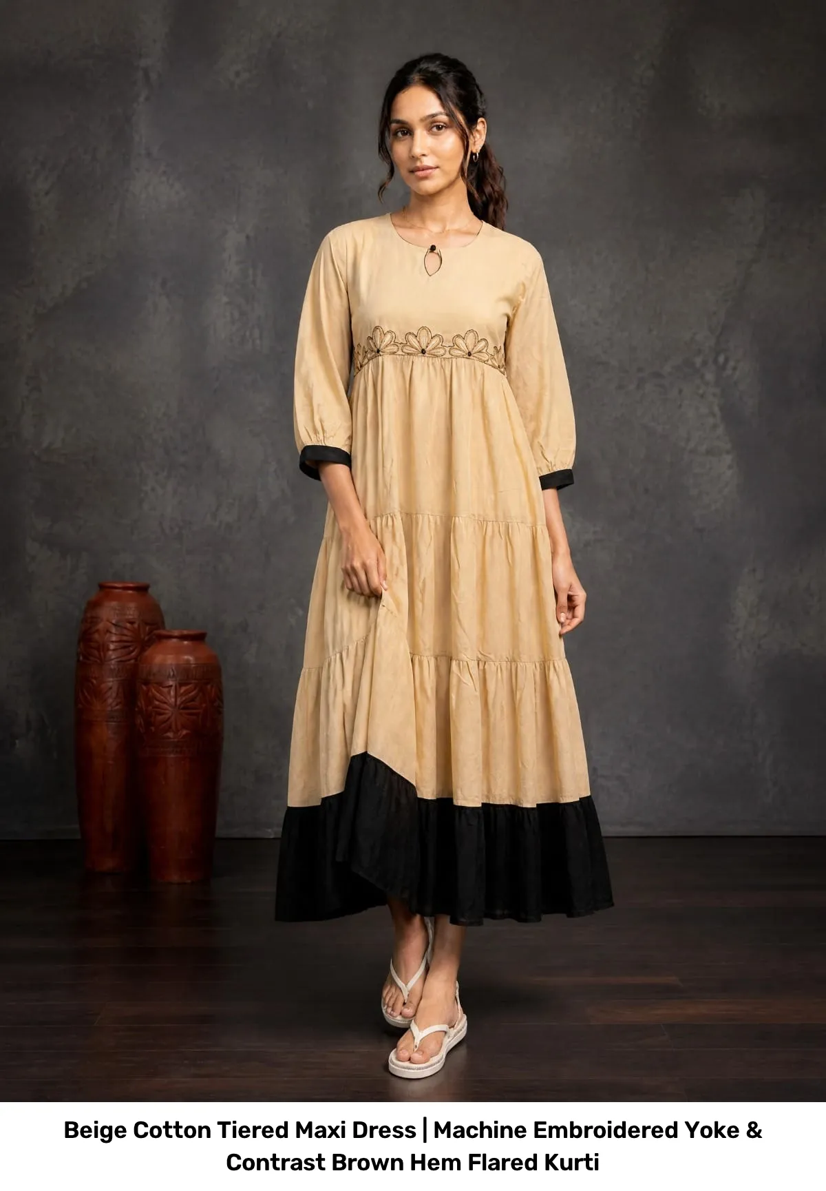 Beige Cotton Tiered Maxi Dress | Machine Embroidered Yoke & Contrast Brown Hem Flared Kurti 11