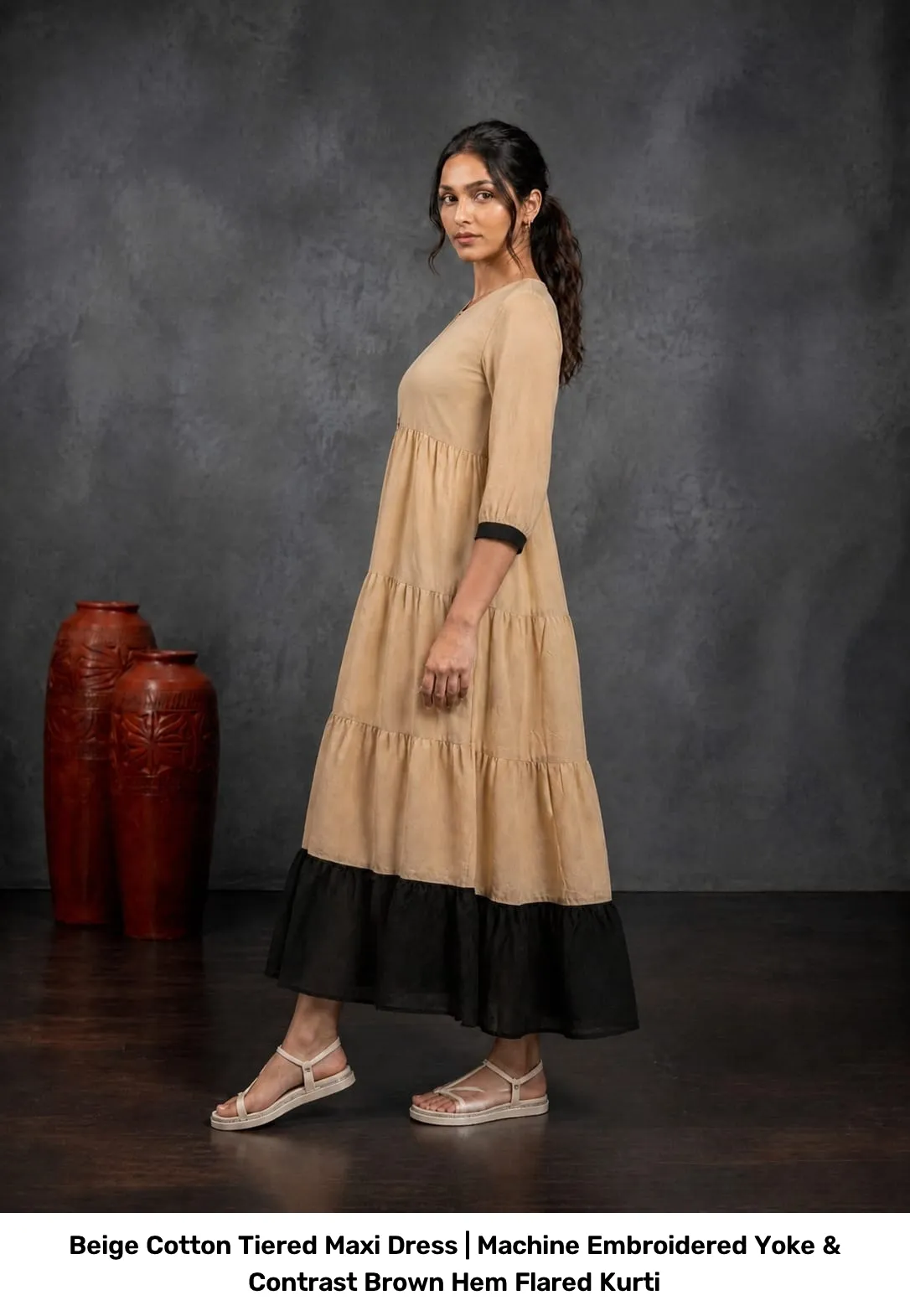 Beige Cotton Tiered Maxi Dress | Machine Embroidered Yoke & Contrast Brown Hem Flared Kurti 12