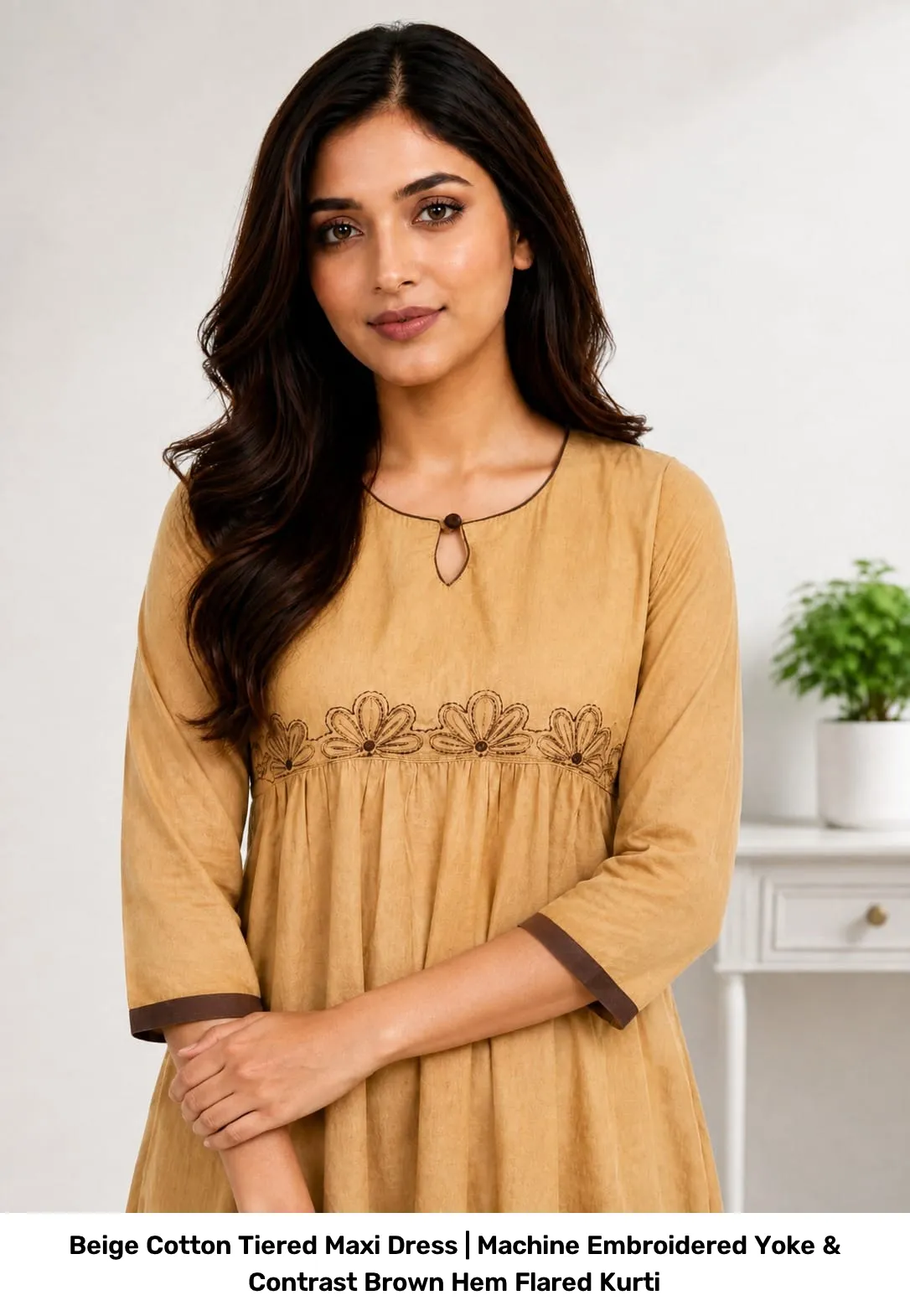 Beige Cotton Tiered Maxi Dress | Machine Embroidered Yoke & Contrast Brown Hem Flared Kurti 13