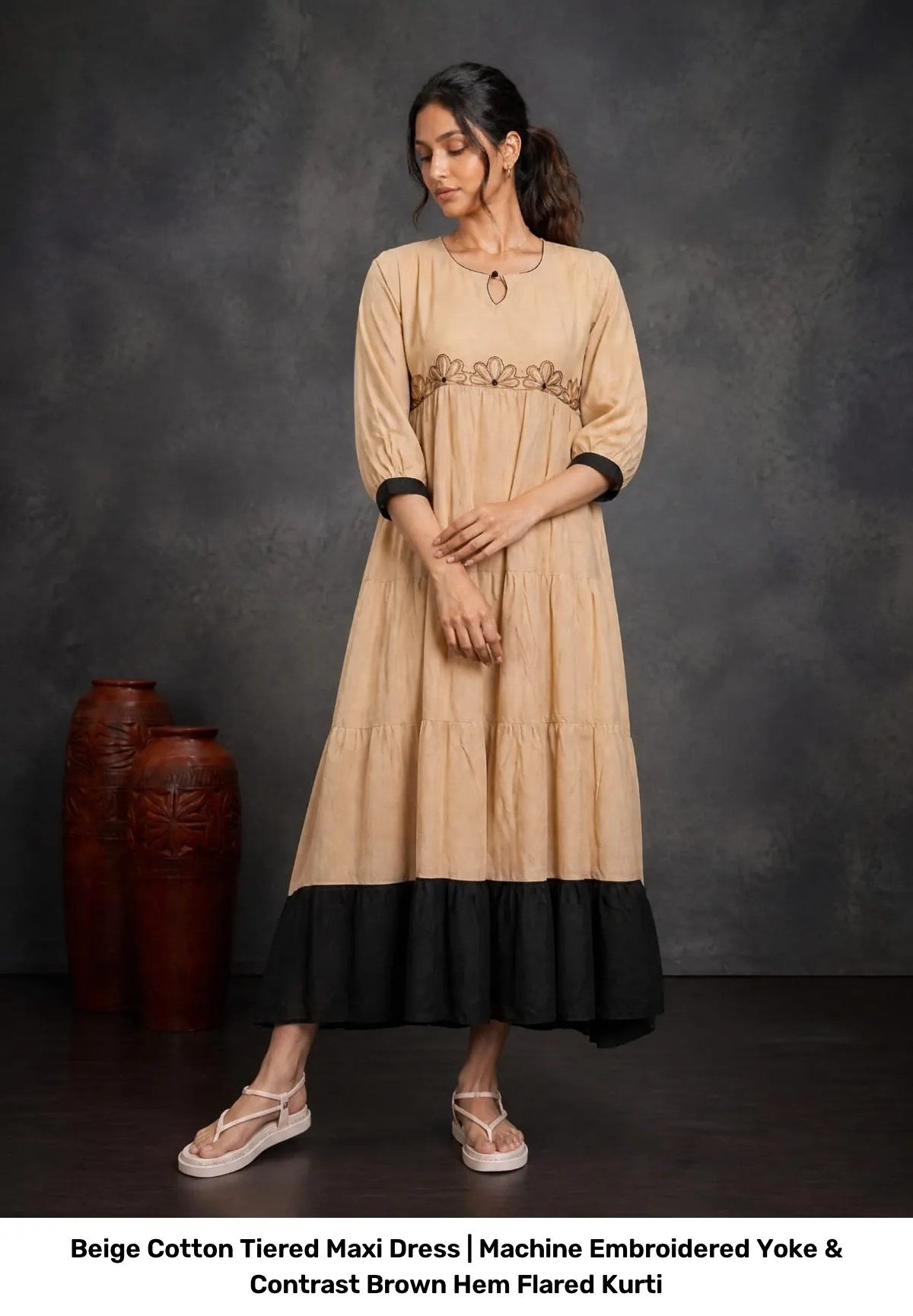 Beige Cotton Tiered Maxi Dress | Machine Embroidered Yoke & Contrast Brown Hem Flared Kurti 14