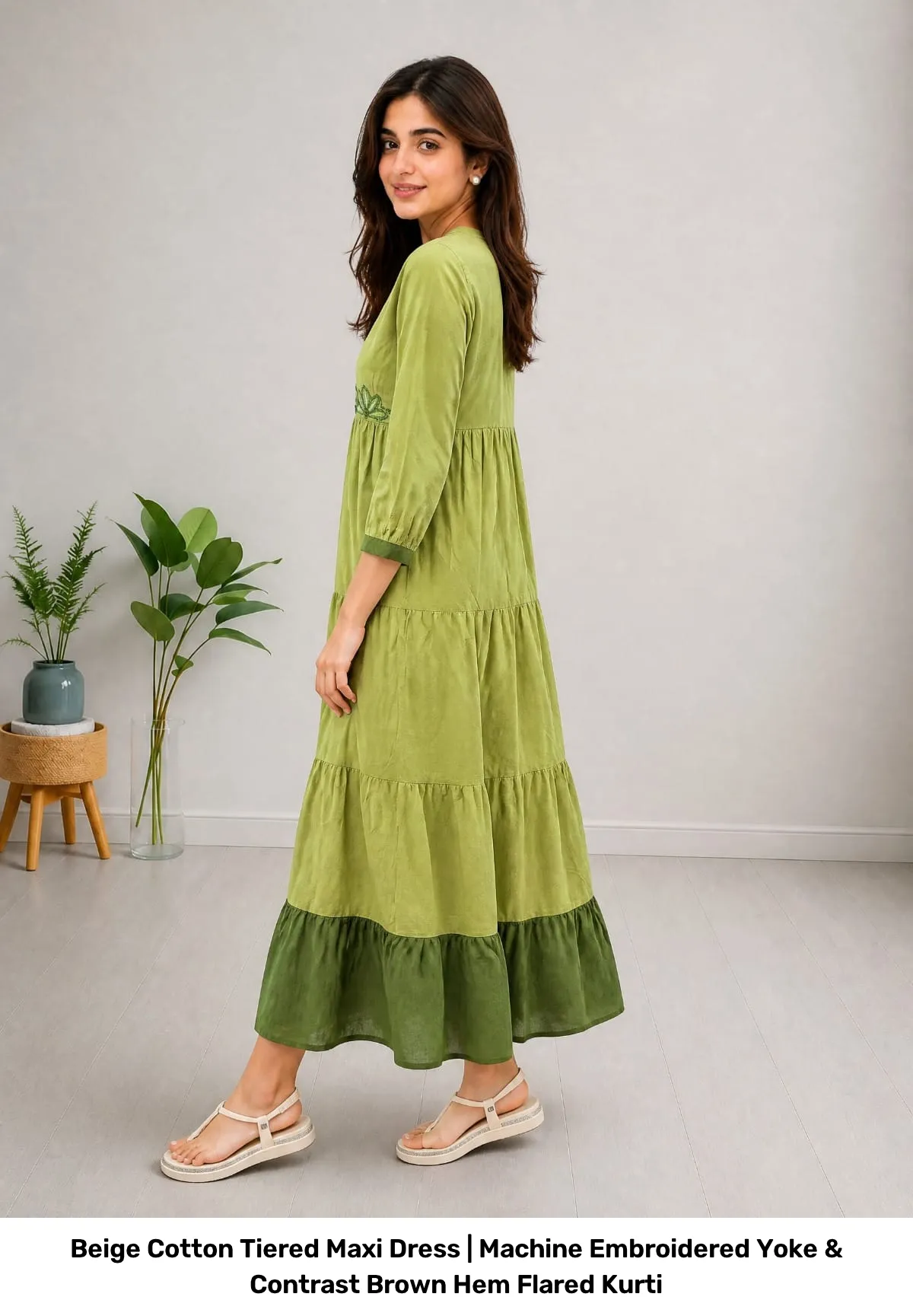 Beige Cotton Tiered Maxi Dress | Machine Embroidered Yoke & Contrast Brown Hem Flared Kurti 15