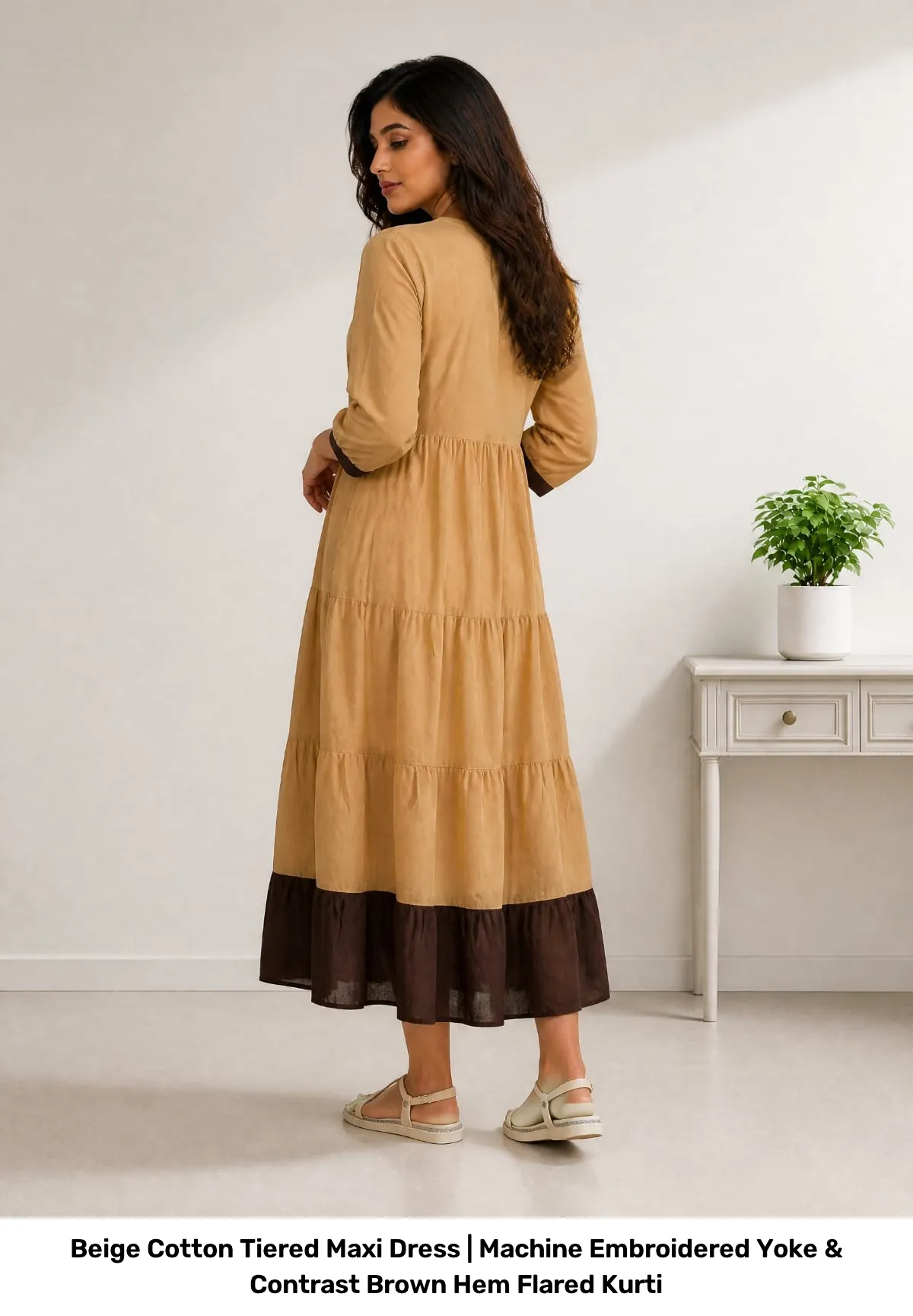 Beige Cotton Tiered Maxi Dress | Machine Embroidered Yoke & Contrast Brown Hem Flared Kurti 16