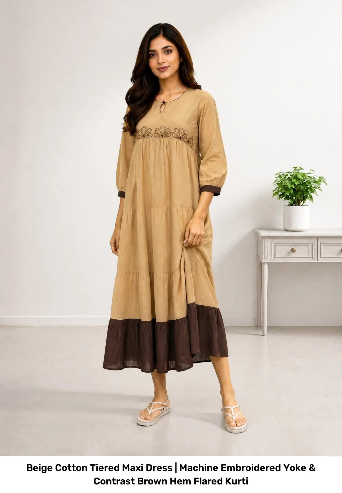 Beige Cotton Tiered Maxi Dress | Machine Embroidered Yoke & Contrast Brown Hem Flared Kurti 2