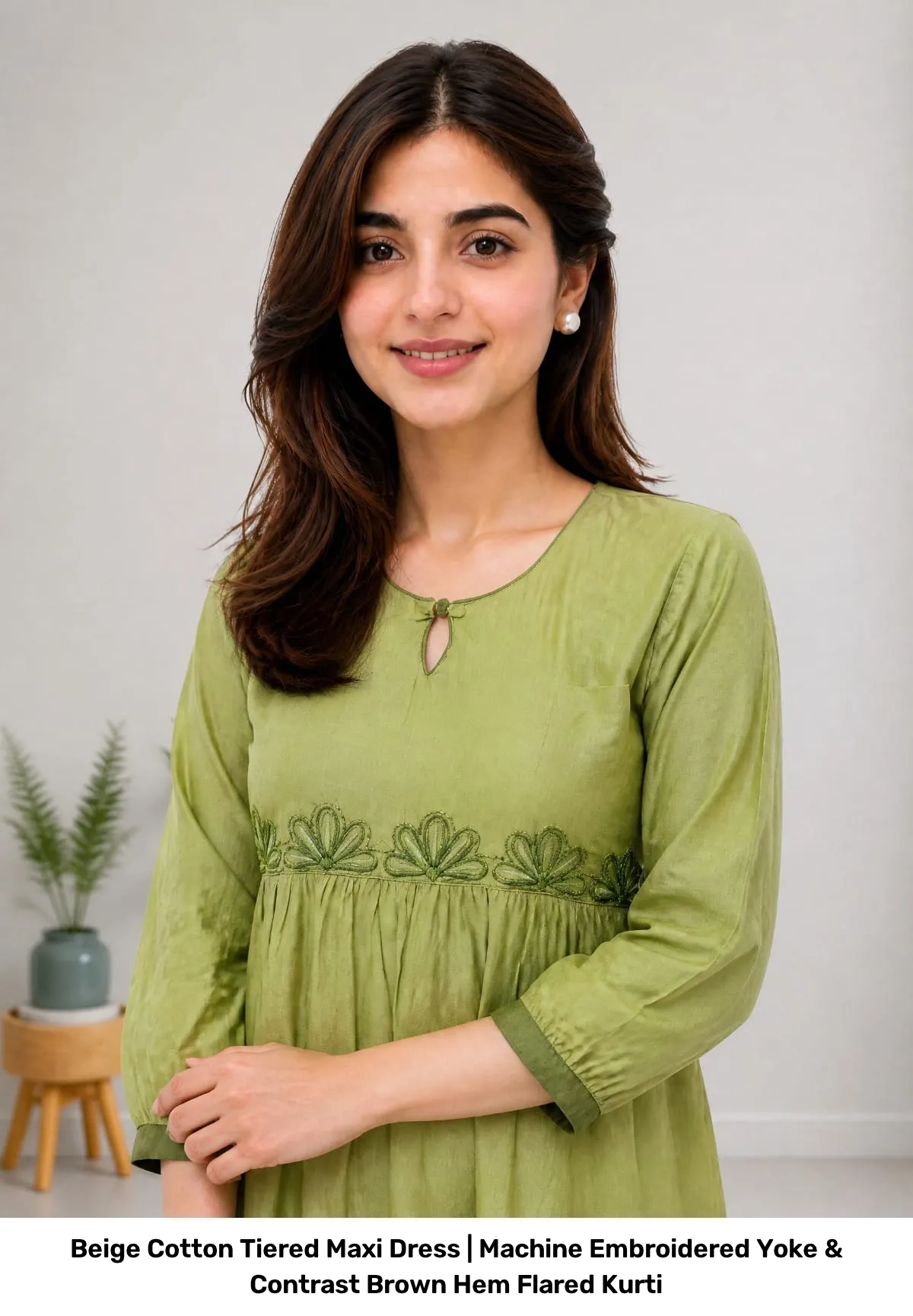 Beige Cotton Tiered Maxi Dress | Machine Embroidered Yoke & Contrast Brown Hem Flared Kurti 3
