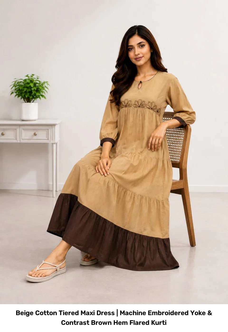 Beige Cotton Tiered Maxi Dress | Machine Embroidered Yoke & Contrast Brown Hem Flared Kurti 4