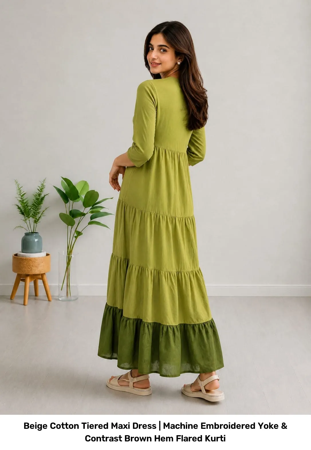 Beige Cotton Tiered Maxi Dress | Machine Embroidered Yoke & Contrast Brown Hem Flared Kurti 5