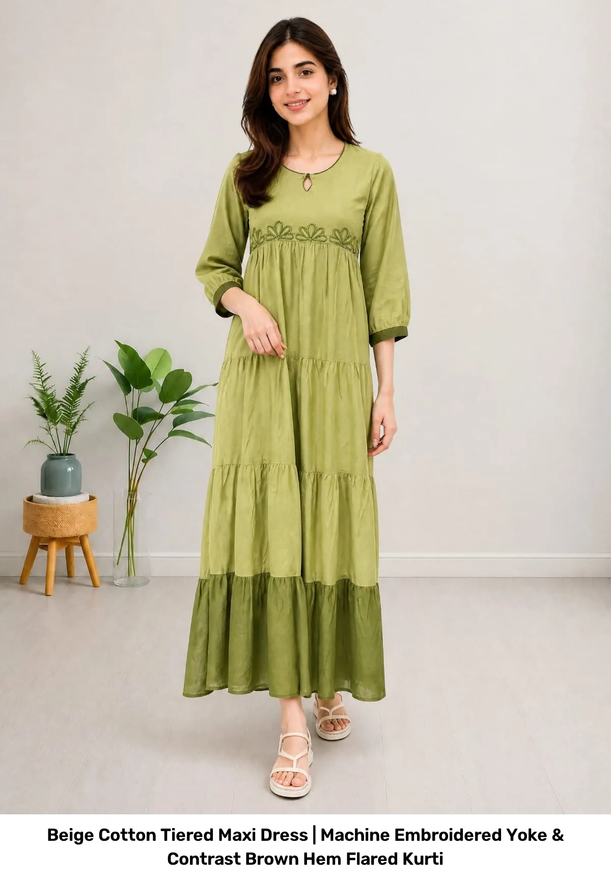 Beige Cotton Tiered Maxi Dress | Machine Embroidered Yoke & Contrast Brown Hem Flared Kurti 6