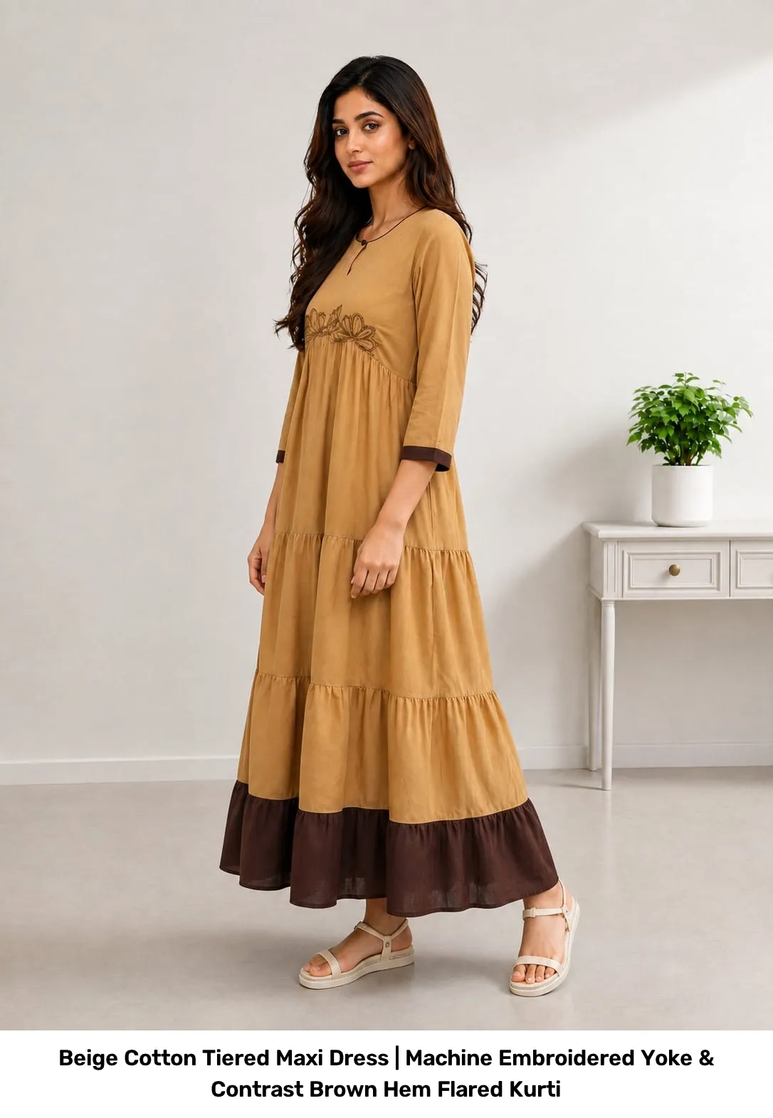 Beige Cotton Tiered Maxi Dress | Machine Embroidered Yoke & Contrast Brown Hem Flared Kurti 7