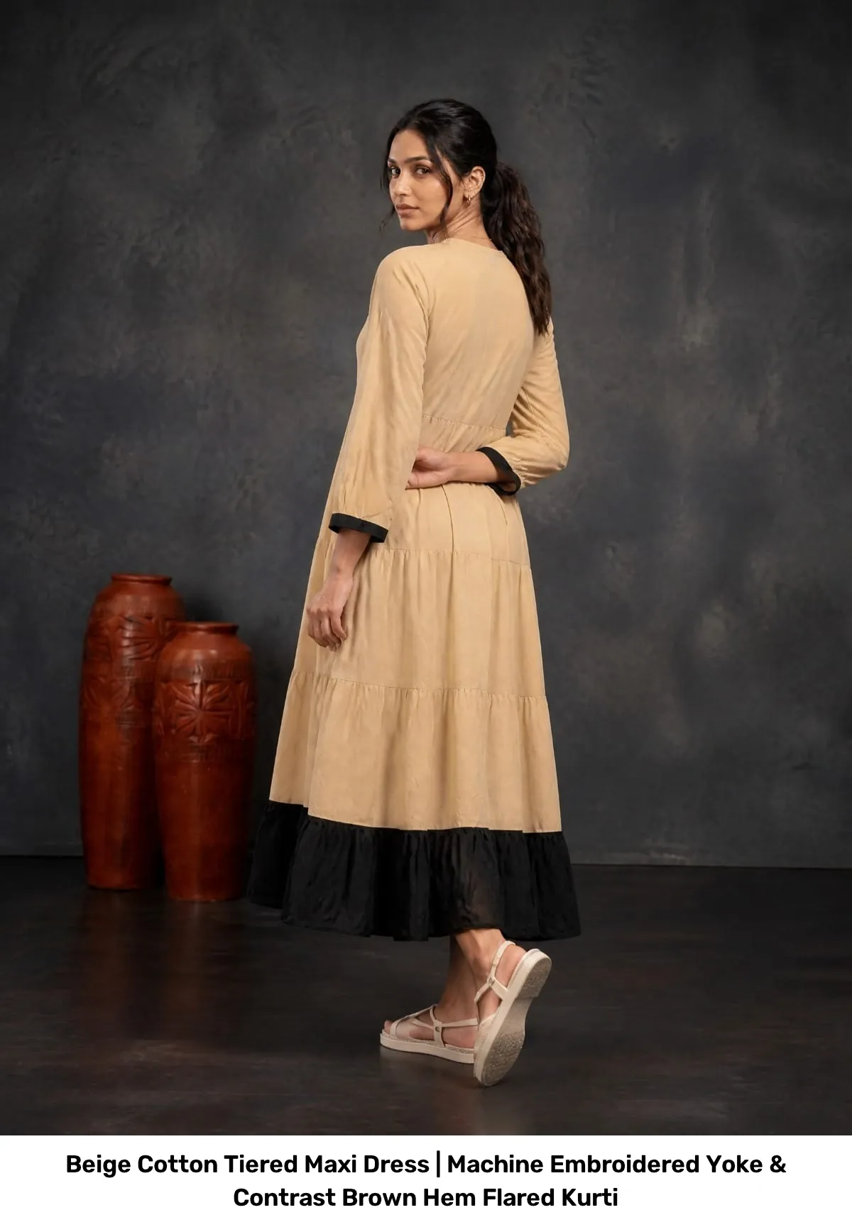 Beige Cotton Tiered Maxi Dress | Machine Embroidered Yoke & Contrast Brown Hem Flared Kurti 8