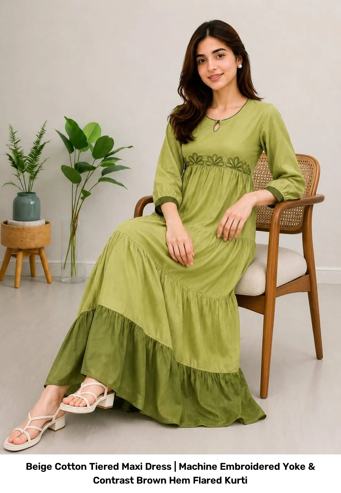 Beige Cotton Tiered Maxi Dress | Machine Embroidered Yoke & Contrast Brown Hem Flared Kurti 9
