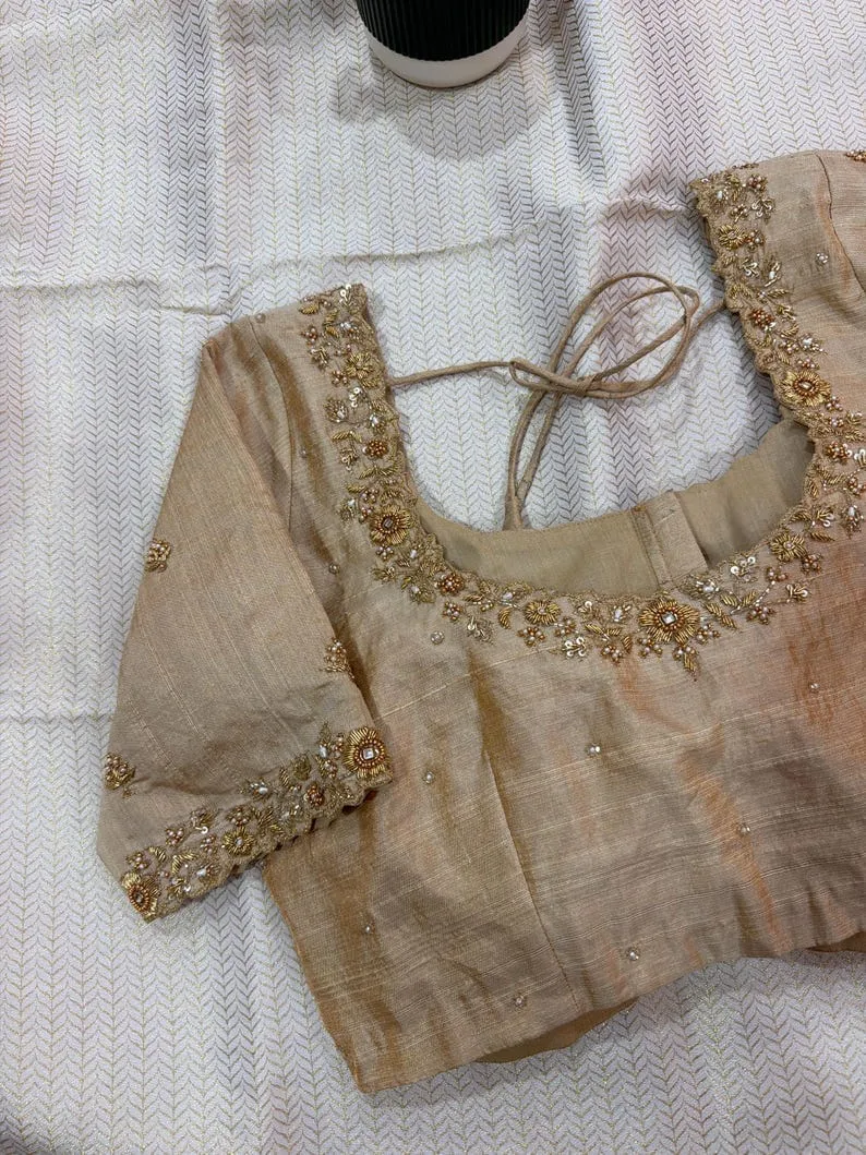Beige Gold Raw Silk Blouse with Handcrafted Zardozi Neckline | Floral Aari Embroidery Saree Choli
