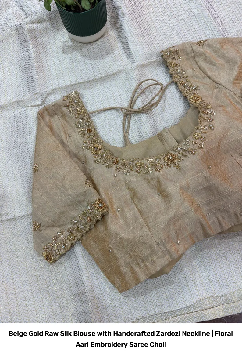 Beige Gold Raw Silk Blouse with Handcrafted Zardozi Neckline | Floral Aari Embroidery Saree Choli 4