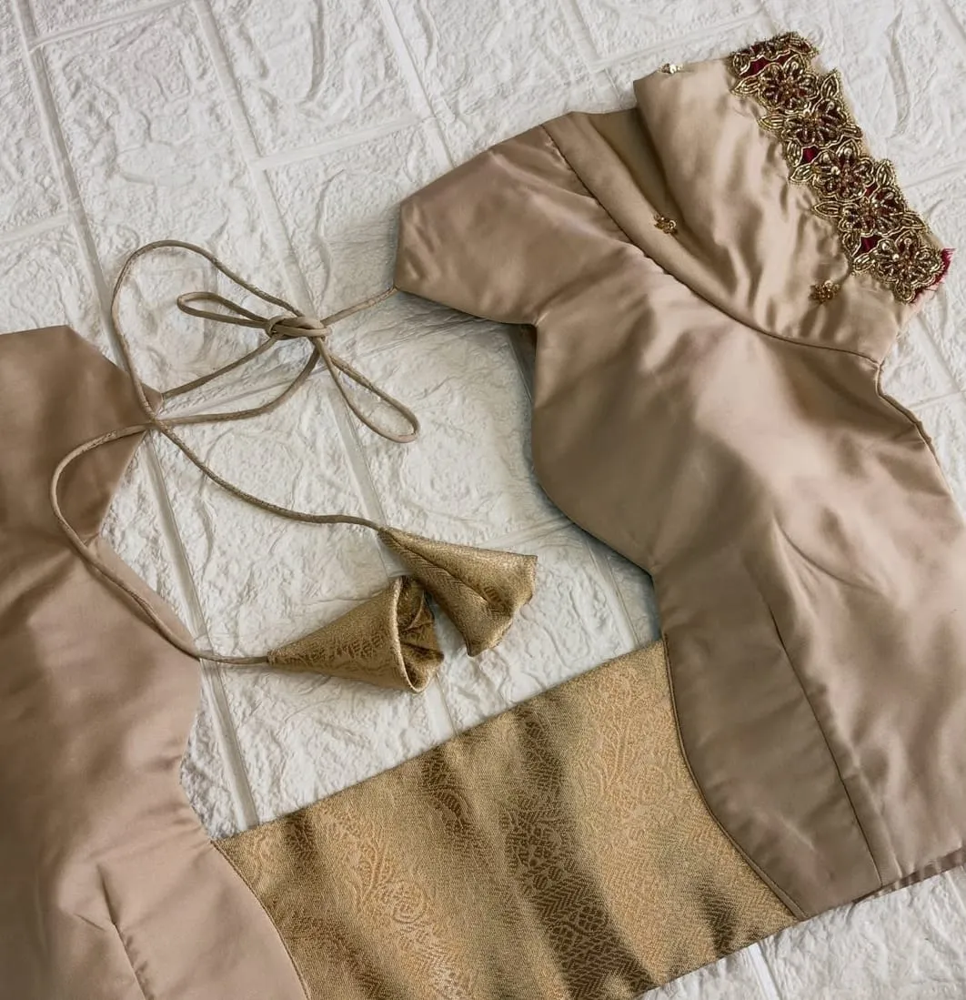 Beige Gold Silk Blouse with Maroon Velvet Cutwork Maggam Sleeve Border