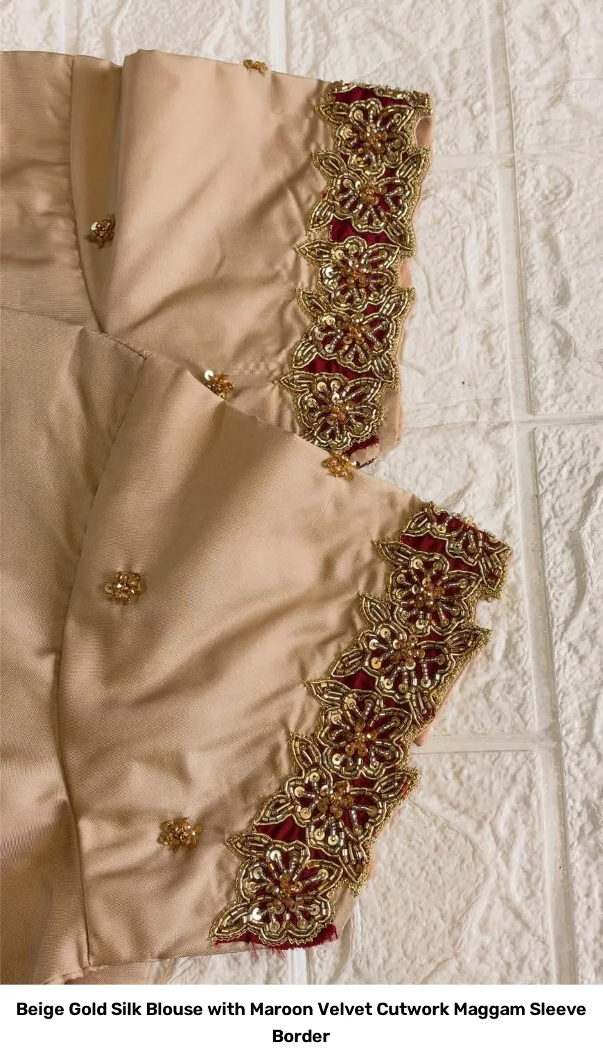 Beige Gold Silk Blouse with Maroon Velvet Cutwork Maggam Sleeve Border 2