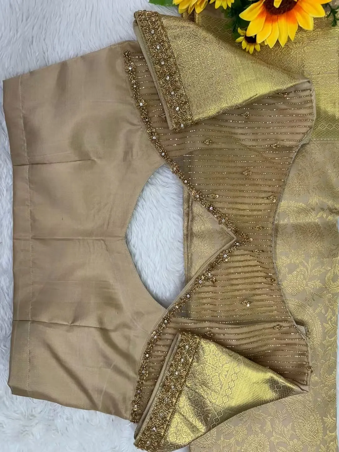 Beige Gold Tissue Silk Saree Blouse with Sheer Illusion Net Yoke | Beaded Line Embroidery & Brocade Sleeve Blouse