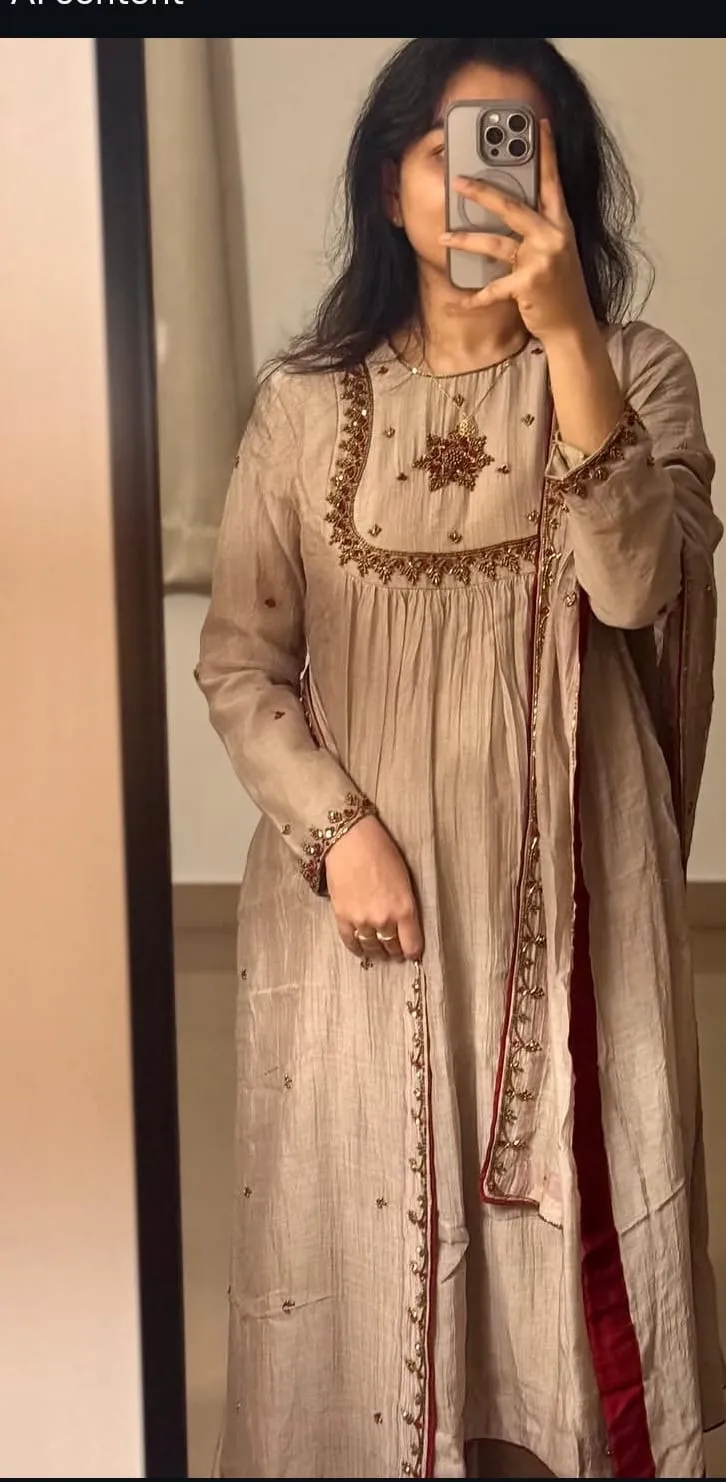 Beige Hand-Embroidered Anarkali Suit with Dupatta