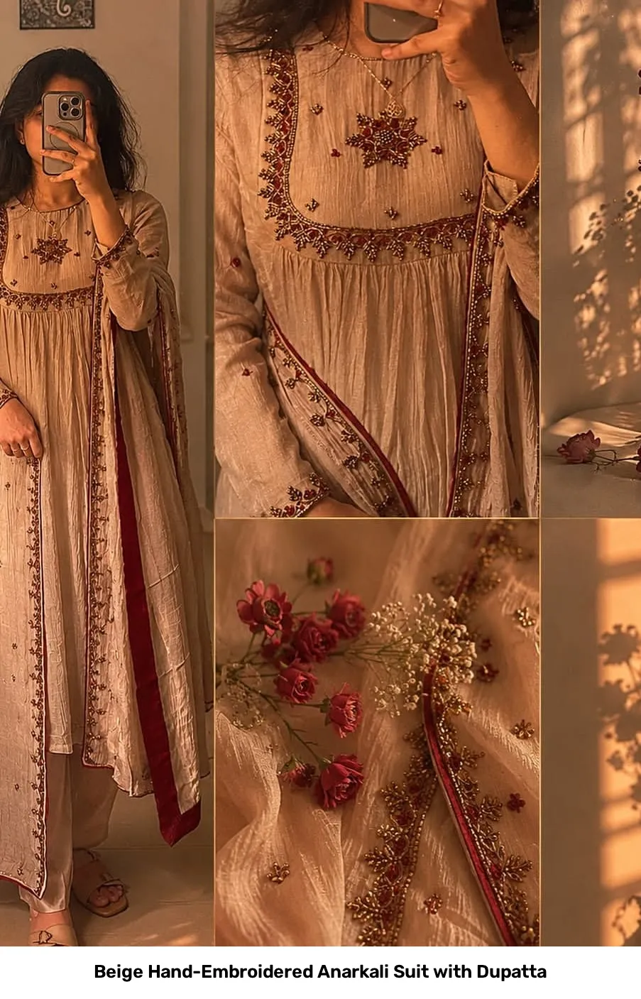 Beige Hand-Embroidered Anarkali Suit with Dupatta 2