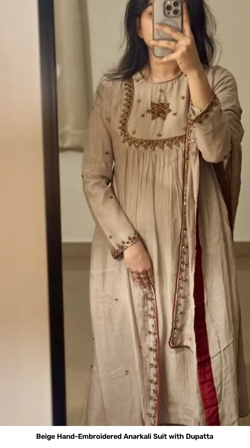 Beige Hand-Embroidered Anarkali Suit with Dupatta 3