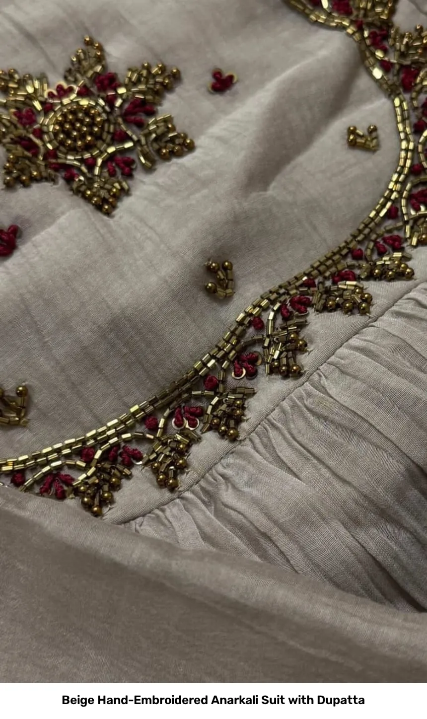 Beige Hand-Embroidered Anarkali Suit with Dupatta 4