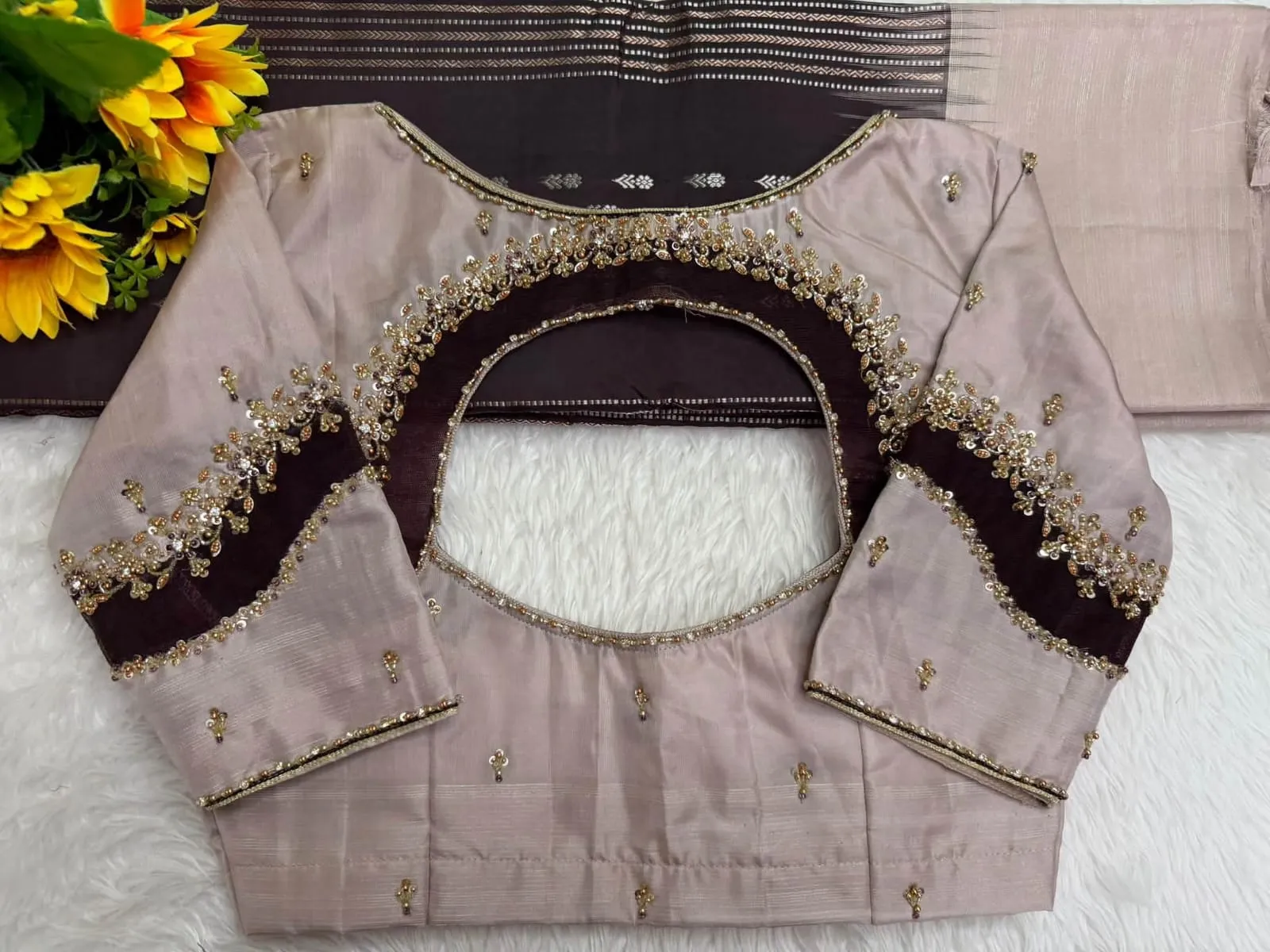 Beige & Maroon Hand-Embroidered Maggam Work Blouse