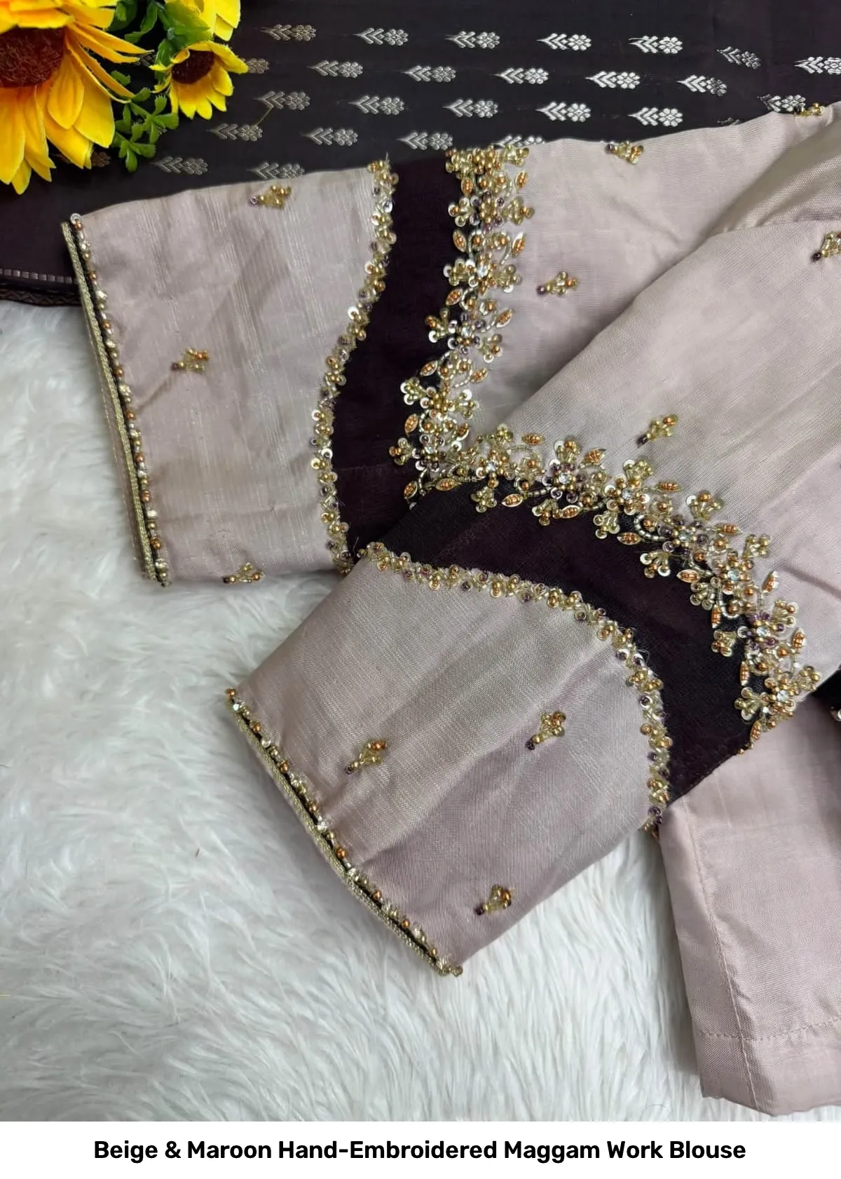 Beige & Maroon Hand-Embroidered Maggam Work Blouse 2
