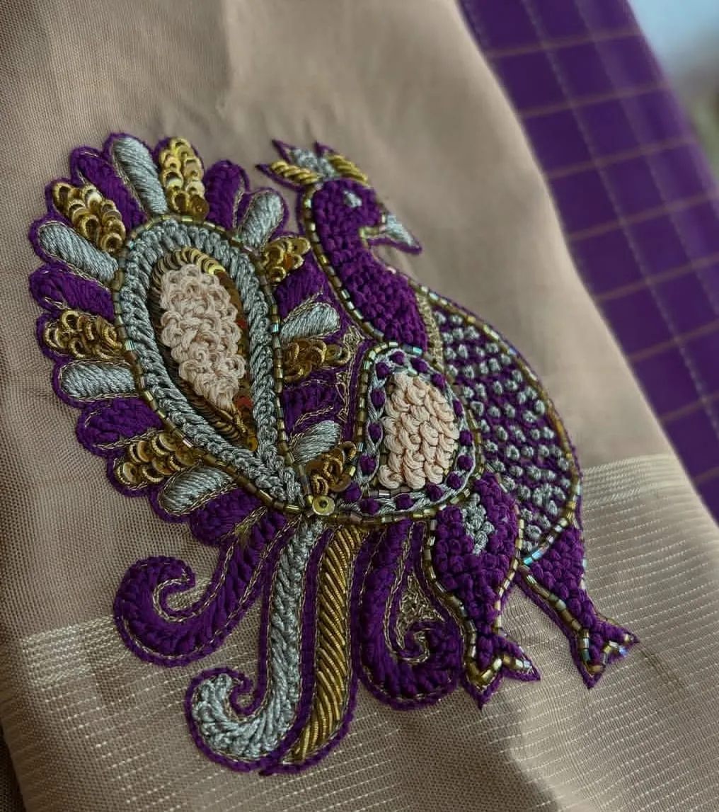 Beige Silk Peacock Embroidered Blouse | Handcrafted Neck